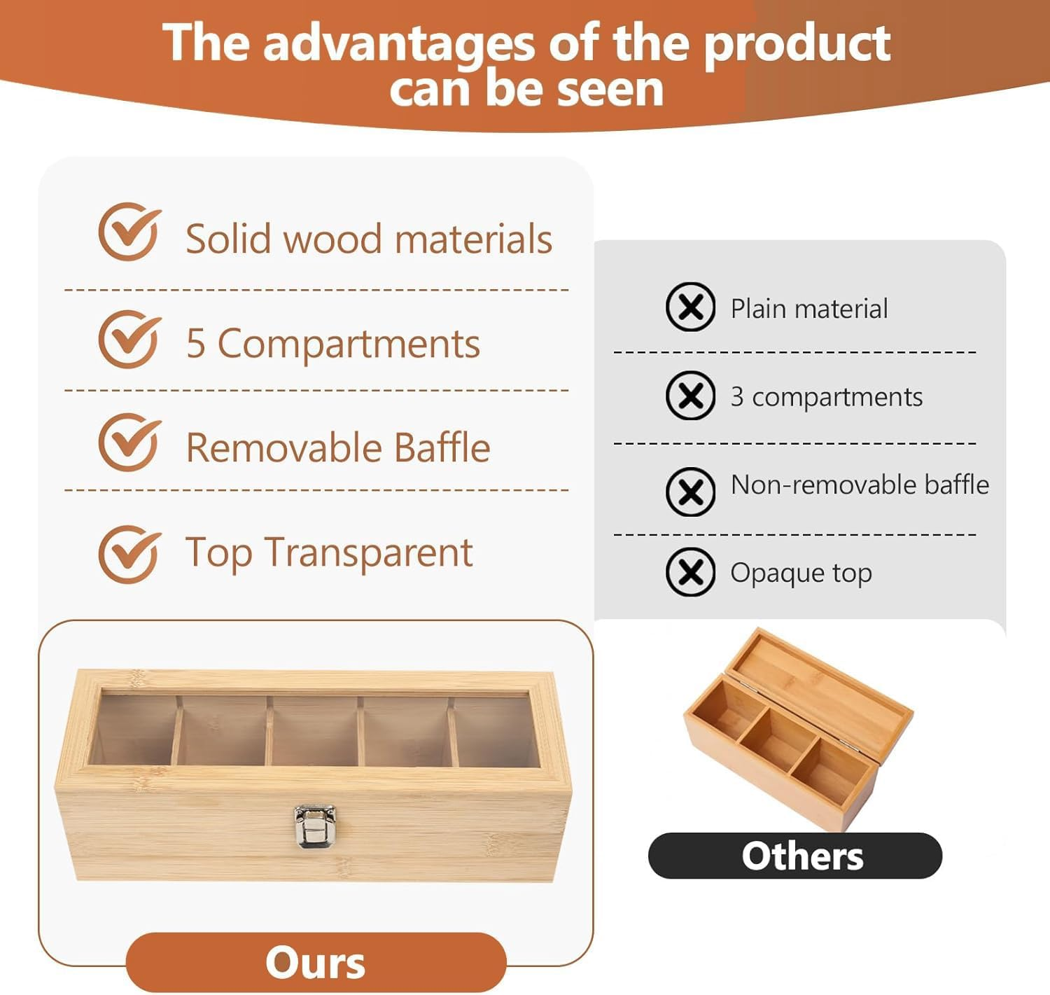 Tea Bag Organiser,Bamboo Tea Box,5 Compartments Tea Organiser,Tea Organiser Box with Clear Window,Tea Storage Containers, Tea Container for Tea Bags Coffee Spices Home image number 1