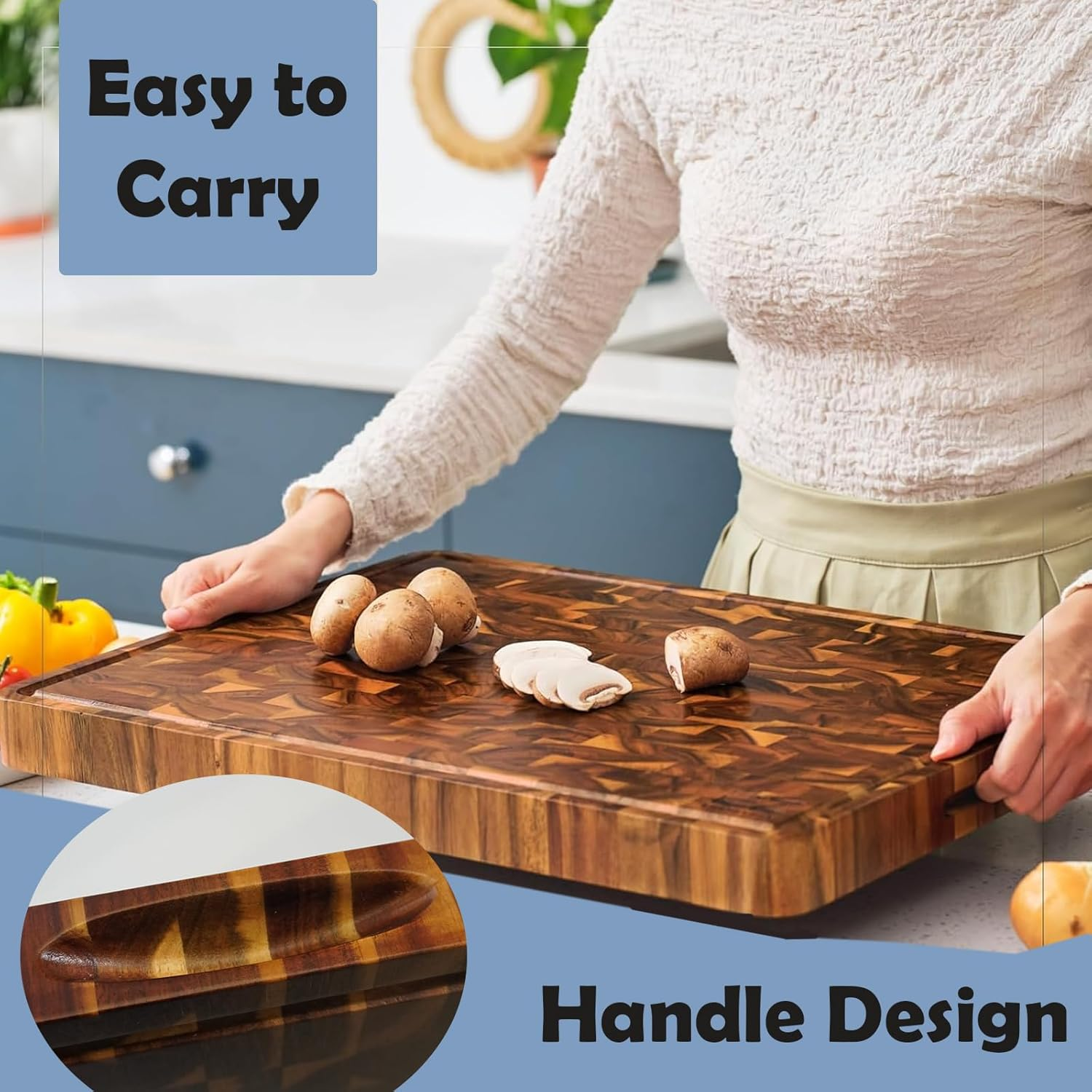 Wooden Chopping Board, End Grain Cutting Boards with Juice Groove & Handle, 40 * 30 * 3 CM Checkered Chopping Board Charcuterie Board, Chopping Mat for Meat, Vegetables, Fruit image number 6