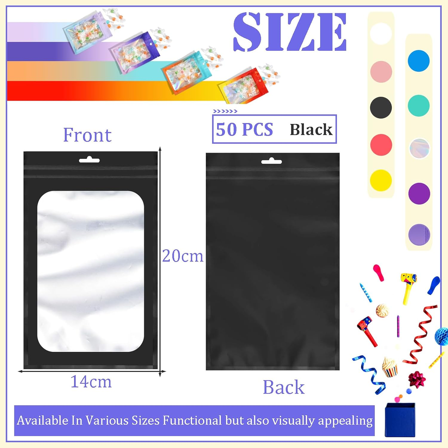 Black Foil Ziplock Mylar Bags - Medium Smell Proof Holographic Packaging, 50Pcs 14X20Cm Resealable Storage Pouches with Grip Seal for Food, Jewelry, Electronics image number 4