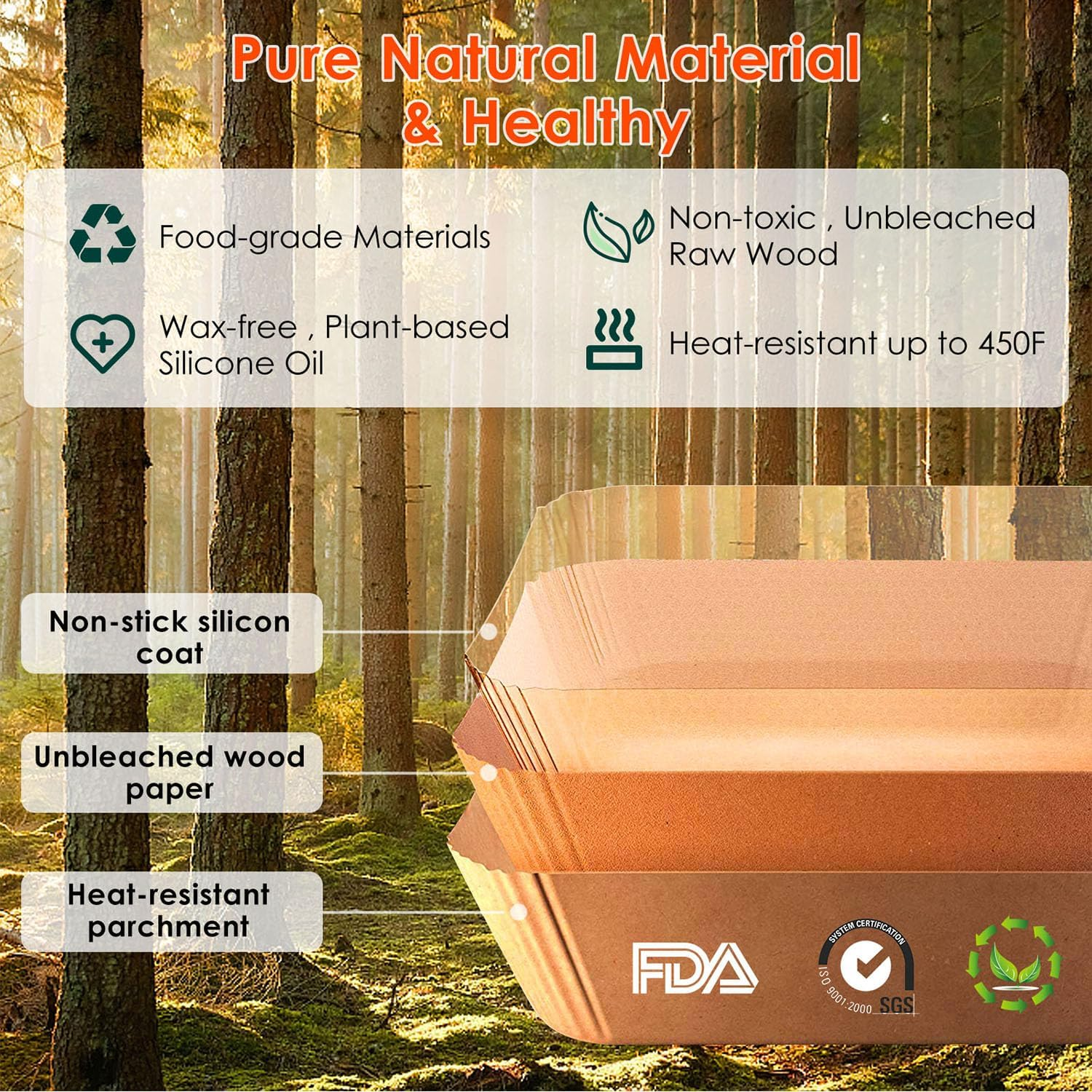 Amxus Air Fryer Paper Liners 100-Pack for Ninja AF400/AF300 & Dual Basket 8QT &ndash; 22Cm X14Cm (8.6"X5.5") Non-Stick Sheets, Unbleached & No PFAS &ndash;Compatible with Ninja Foodi & DZ201 image number 1