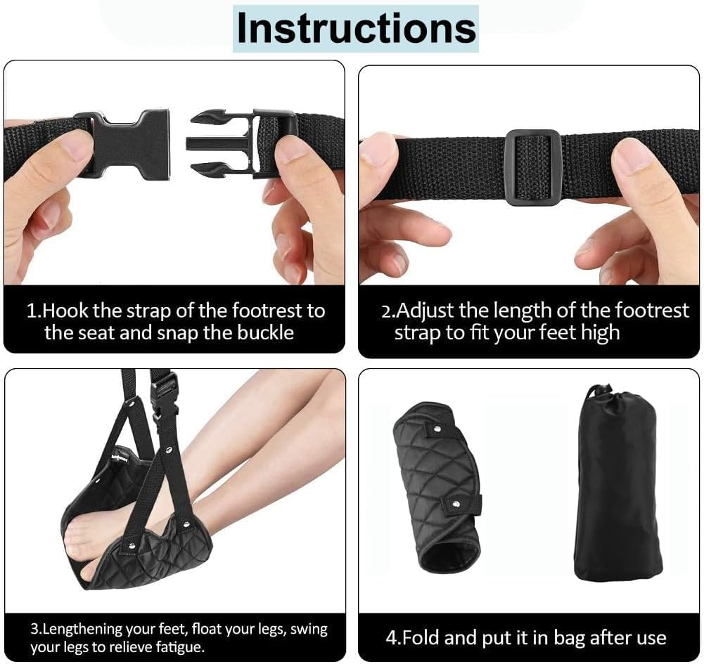 Aieve Airplane Footrest (Memory Foam), Portable Travel Foot Hammock, - Adjustable Airplane Footrest, Comfy Foot Hanger to Relax Your Feet, Reduce Leg Swelling and Soreness- Travel Accessories for Flight, Long-Distance Buses, Train, Office and Home (Black) image number 1