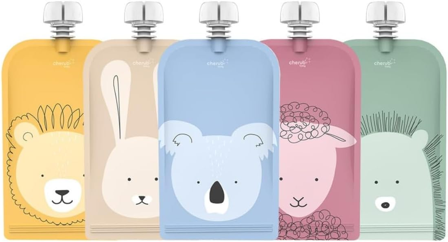 Cherub Baby Refillable Food Pouches 5 Pack 150Ml Leakproof Freezer Safe Bpa-Free Squeeze Bags for Toddler Baby Snacks Reusable Easy Fillable Animal Printed Pouch for Homemade Smoothies Purees Yoghurt image number 5