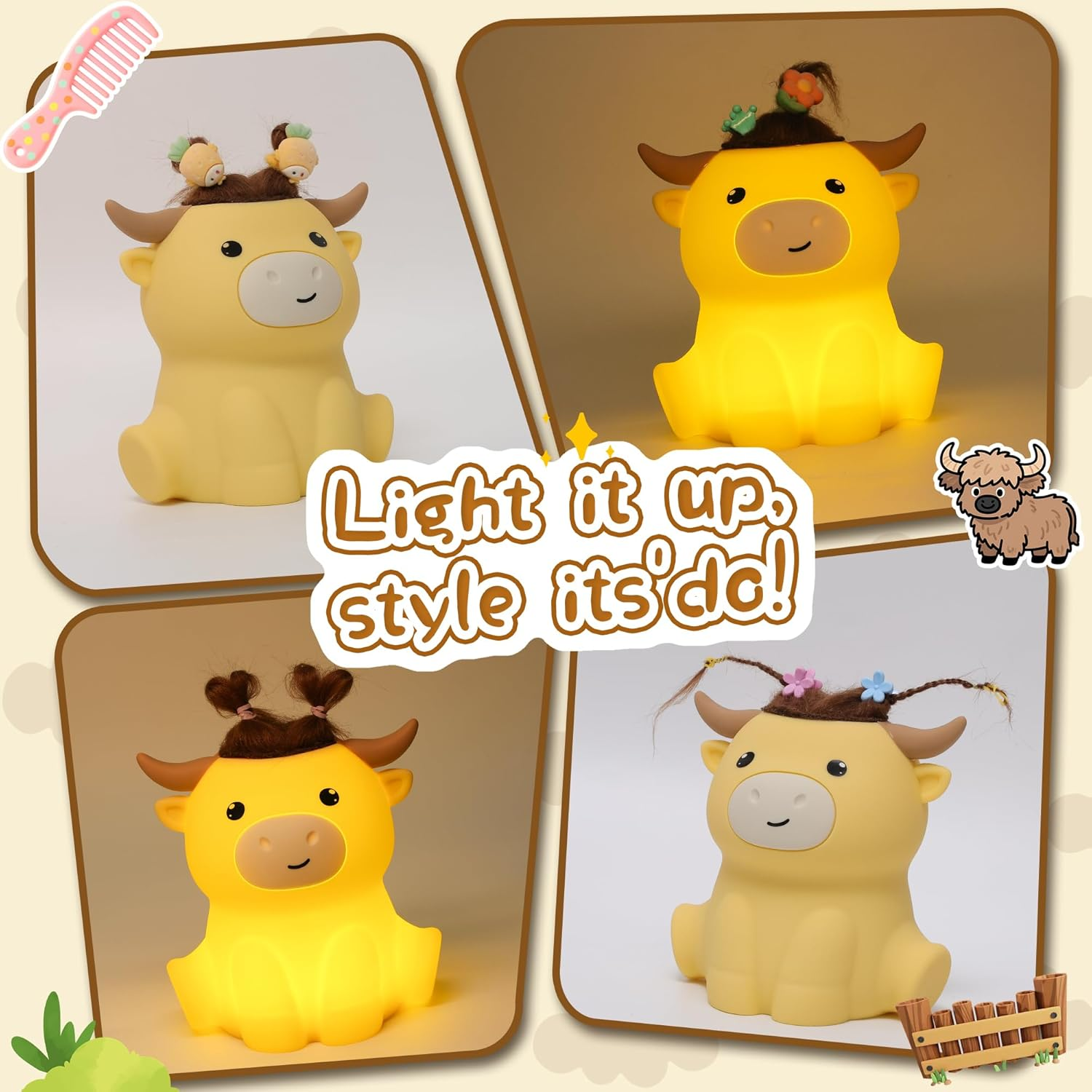 Yuandian Highland Cow Night Light, Squishy Silicone Lamp. Rechargeable, Dimmable with Timer, Touch Control for Bedside, Gift Nightlight for Breastfeeding Toddler Baby Kids (No Accessories Included) - Highland Cattle image number 6