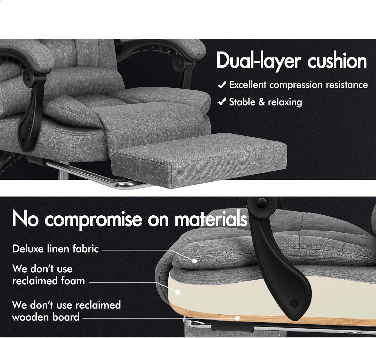 ALFORDSON Office Chair with 2-Point Massage, Ergonomic Computer Chair with Footrest Executive Fabric Home Desk Chair High Back Recliner Chair, Fabric Grey image number 1