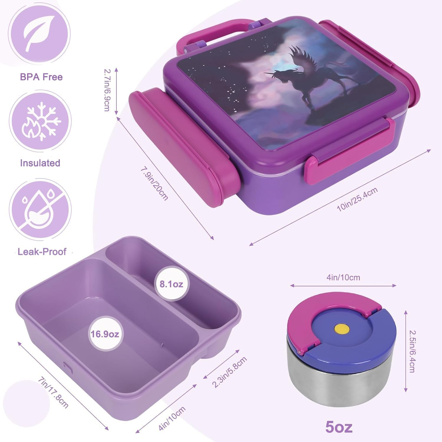 Bento Box for Kids & Adults, Insulated Leak-Proof Lunch Box with Insulated Food Jar for Hot Food, 4-Compartments Lunch Container with Cutlery and Snack Box for School Outdoors Office (Purple) image number 1