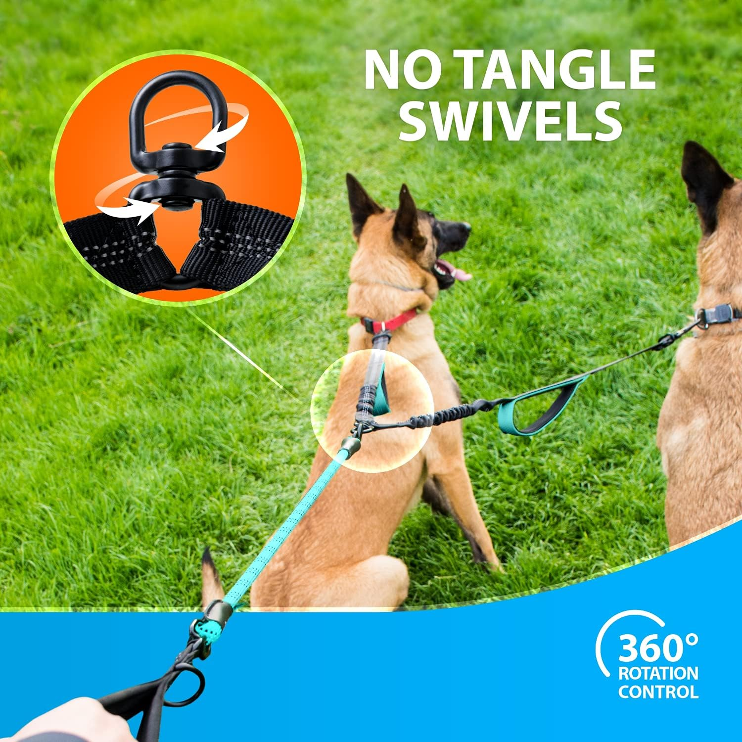 Sparklypets Double Dog Leash for 2 Dogs &ndash; Rope Bungee Dual Leash for Medium and Large Dogs with Padded Handles & Tangle Free (Teal, Medium/Large) image number 2