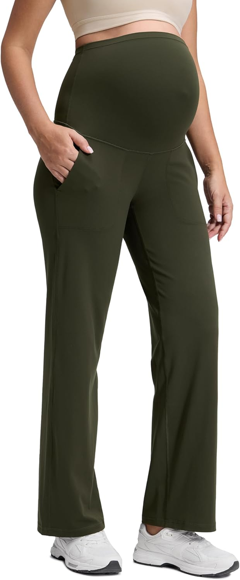 CRZ YOGA Women Butterluxe Maternity Wide Leg Pants Flare Leggings with Pockets 31.5" - over the Belly Workout Yoga Pregnancy