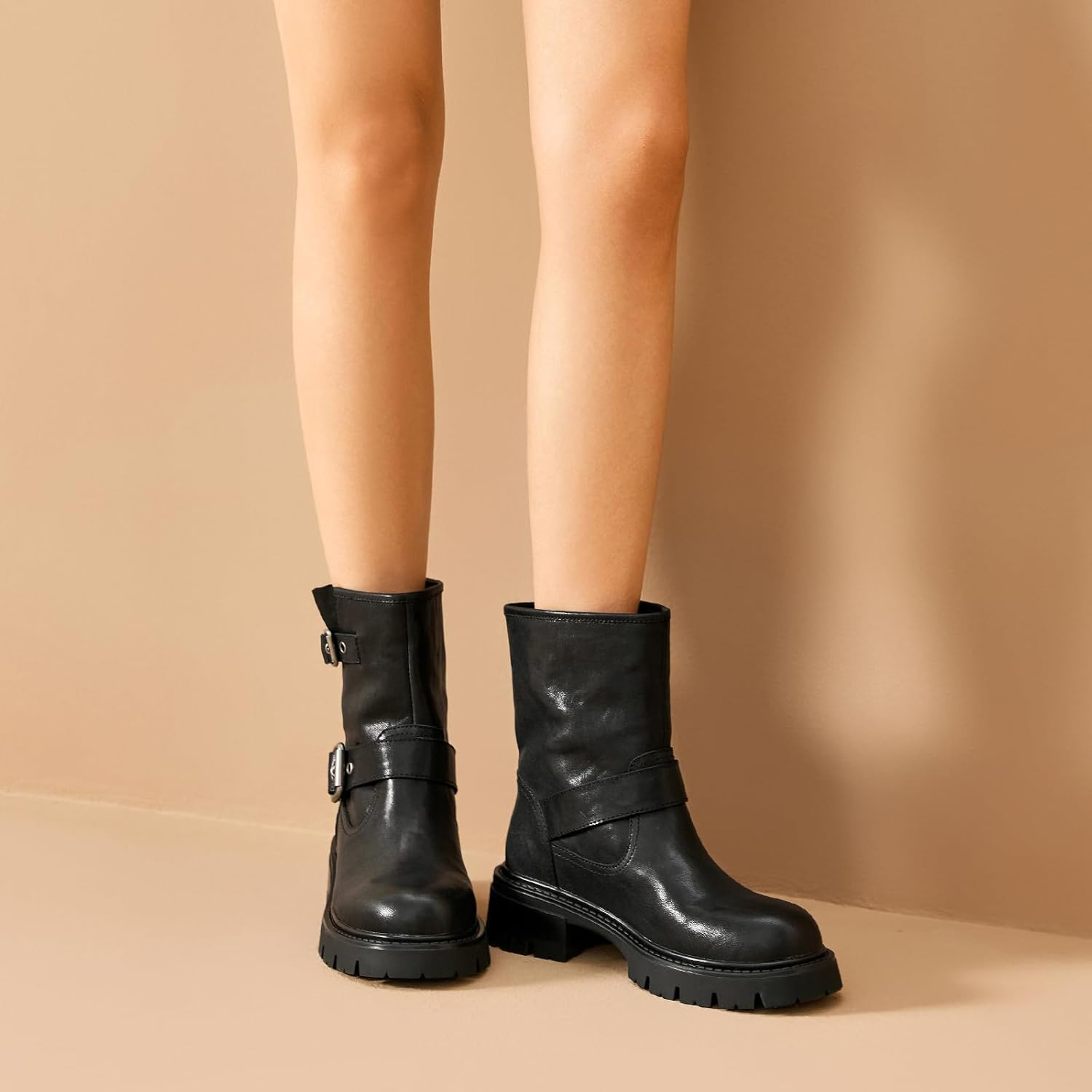 BEAU TODAY Ankle Boots for Women, Genuine Leather Platform Womens Short Boots, Chunky Low Heel Motorcycle Boots with Buckles, Fashion Dress Slip on Bike Booties image number 2