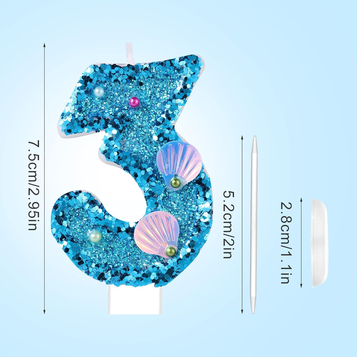 Savita 3 Inch Blue Glitter Number 3 Candle, Modern Starfish Theme, Birthday