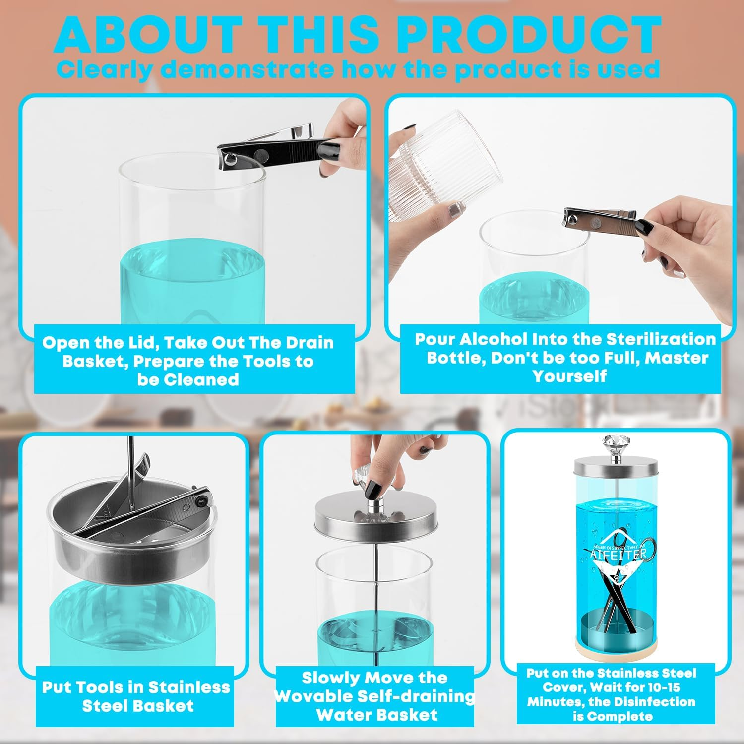 Barber Disinfectant Jar (30 Oz) with Stainless Steel Tray and Removable Basket - Sterilizing Container for Salon or Nail Spa Tools image number 5