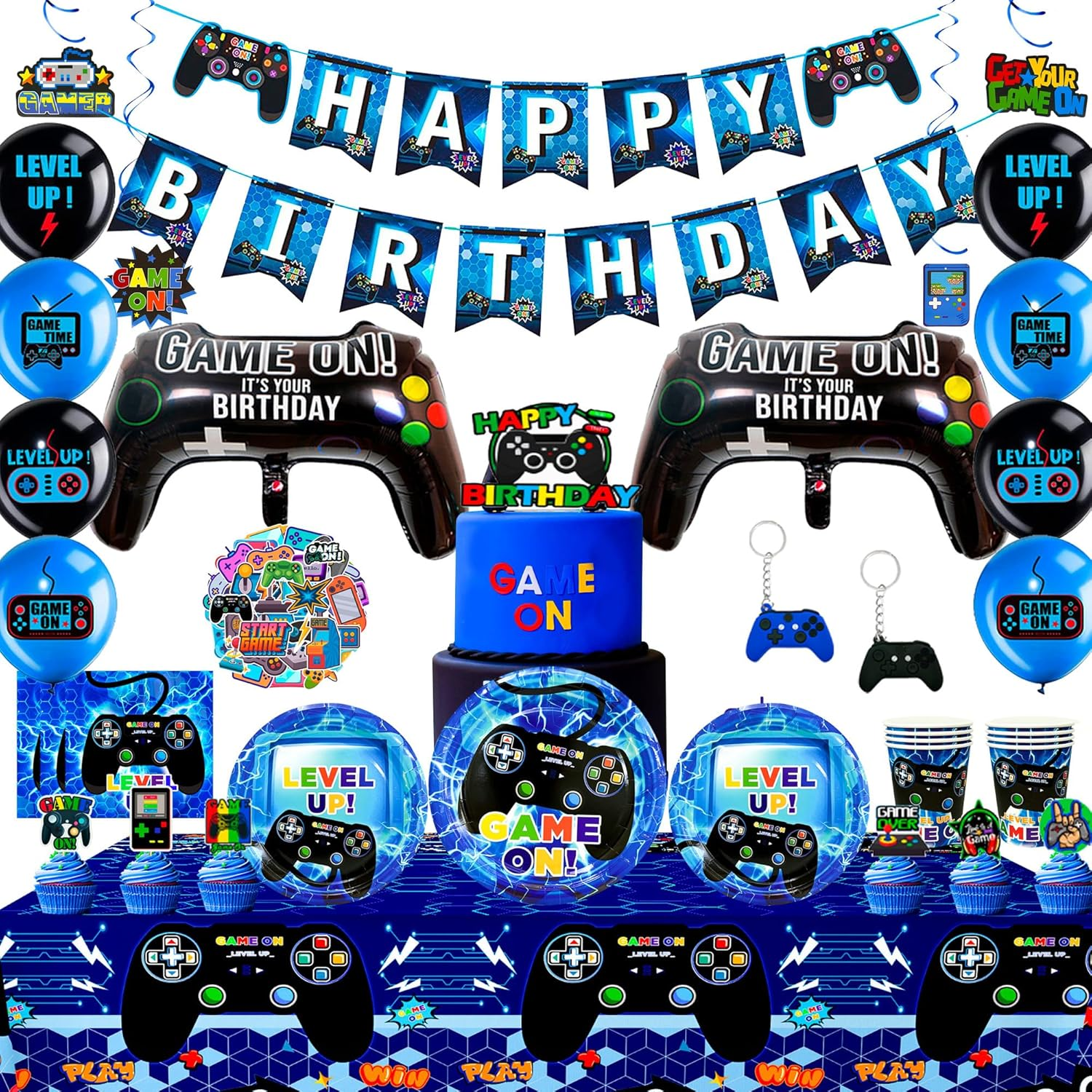 151Pcs Video Gamer Birthday Party Decorations & Video Game Party Tableware Supplies Set - Video Game Party Plates Cups Napkins Tablecloth Banner Balloons Etc Game Themed Party Decorations for Boys image number 2