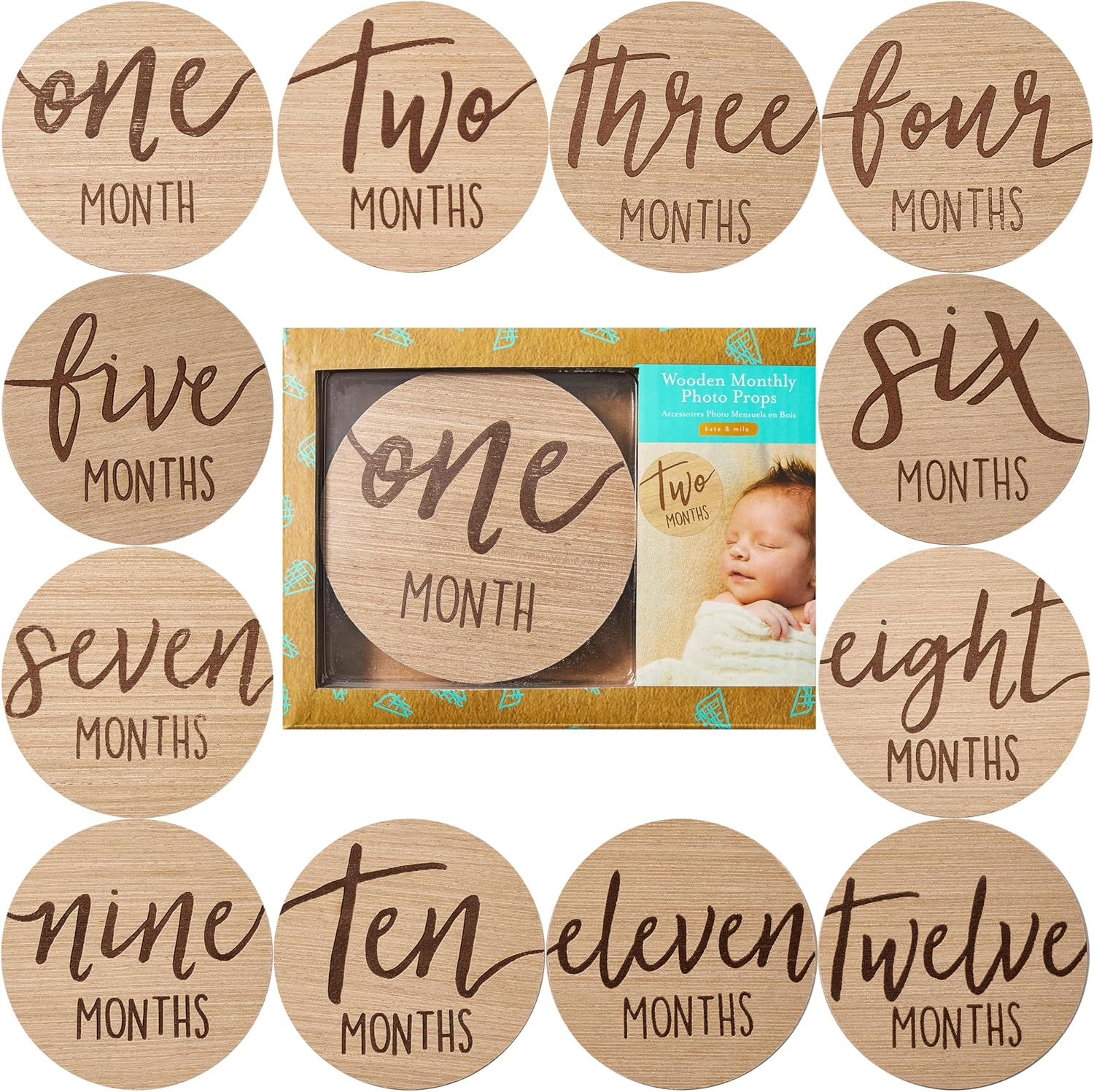 Kate & Milo Baby Monthly Milestone Marker Discs - Classic Cursive Script Wooden Discs with Reversible Photo Props for Baby Announcement and Milestones, Gender-Neutral Newborn Boy and Girl image number 1