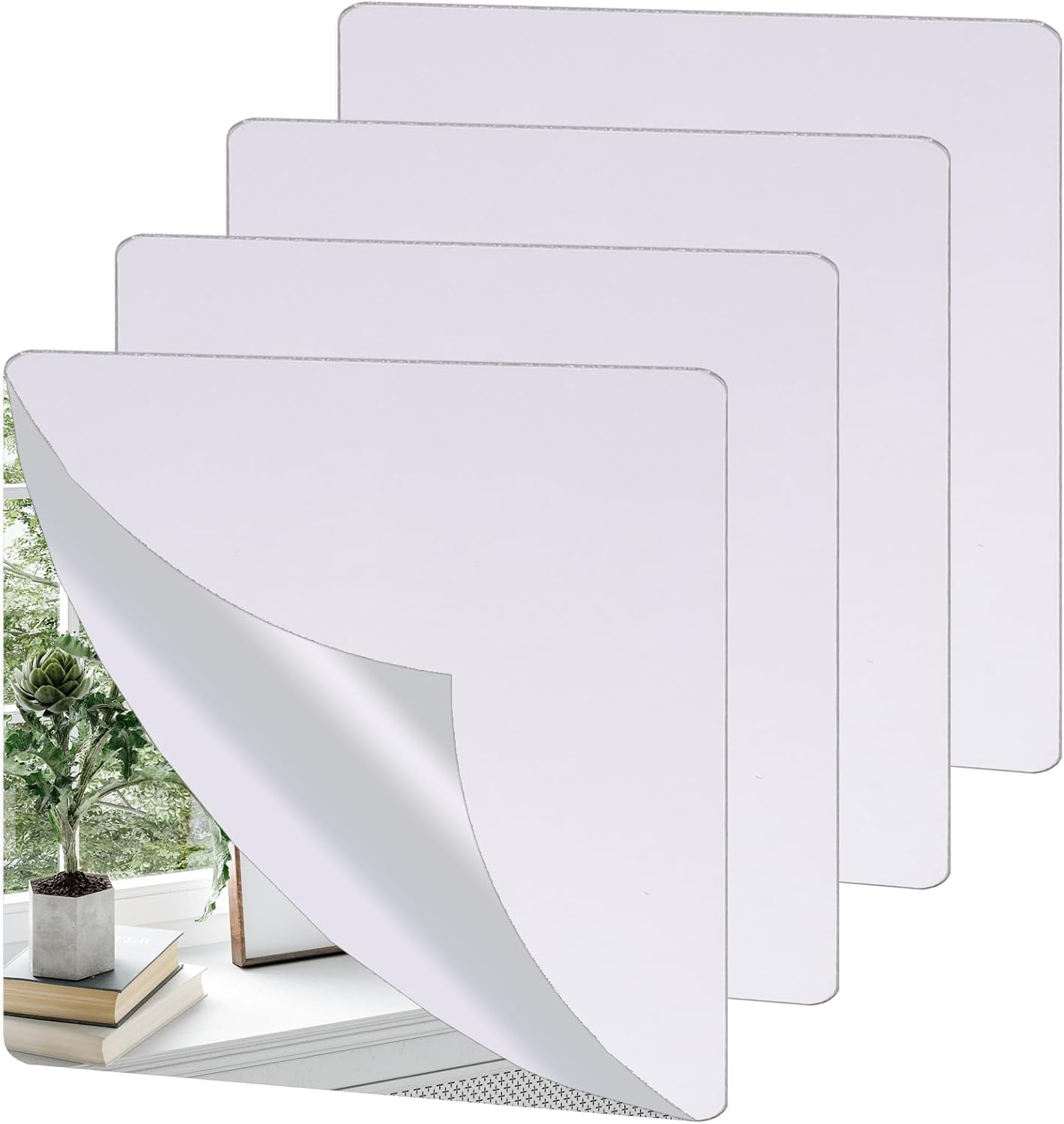 4Pcs School Shatter Proof Plastic Mirrors 8 X 8 Inch Self Adhesive Acrylic Mirror Wall Stickers Small Flexible Mirror Sheets round Corners Double Sided Protective Film Supply for Classroom