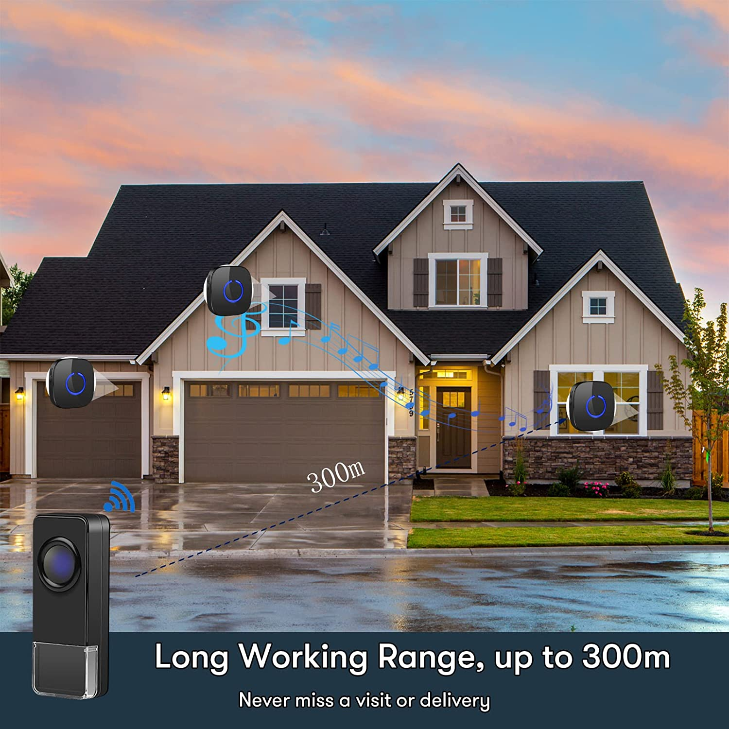 Wireless Doorbell, Remote Door Bell Ringer Wireless Long Range 300M with 58 Melodies, Coolqiya Portable Doorbell with 1 Waterproof Transmitter and 1 Plug-In Receiver image number 2