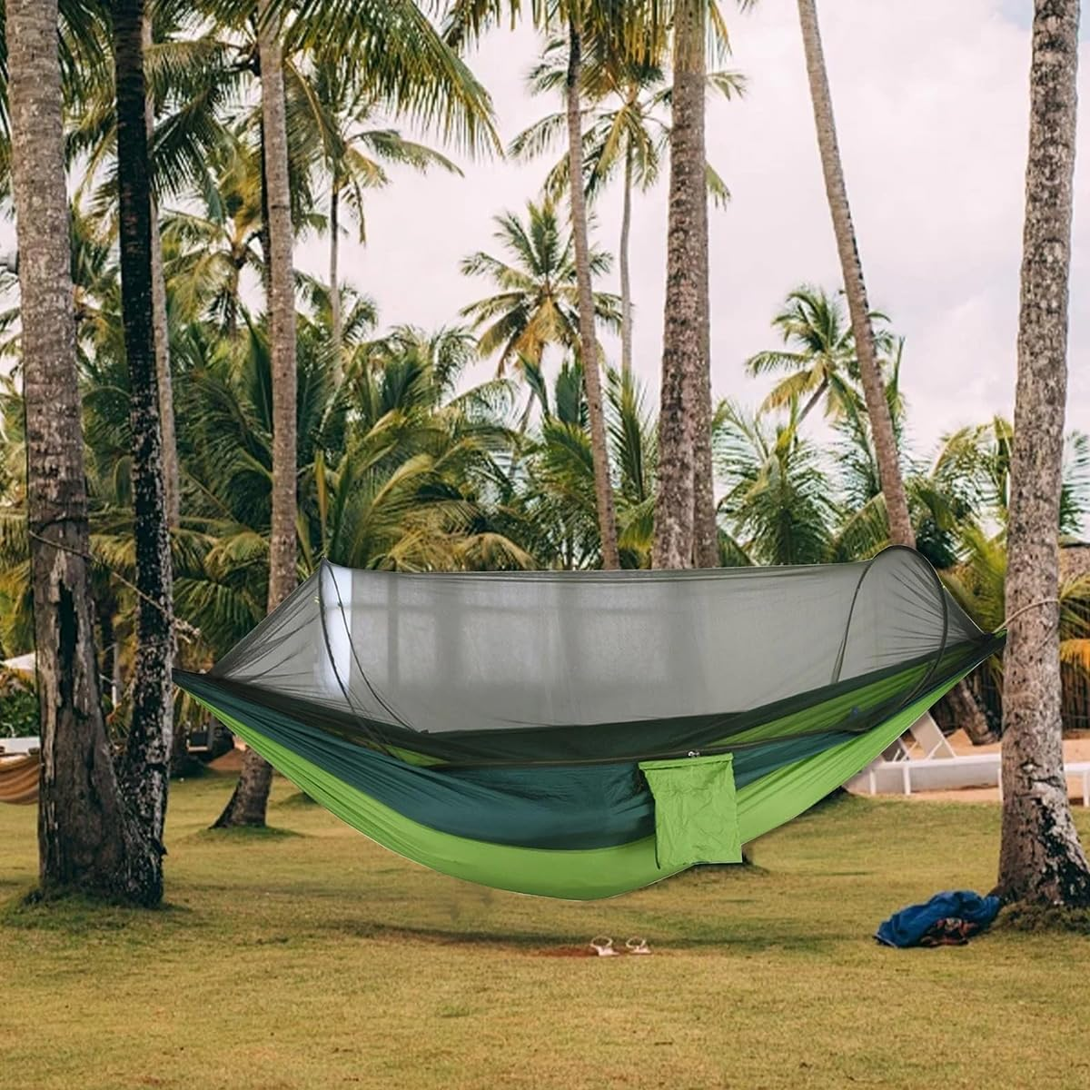 AIMALL Automatic Pop-Up Mosquito Net Hammock 47.2X98.4In 210T Parachute Nylon Outdoor Camping Hammock with High-Density Mesh Net 300KG Load for Travel Hiking - Army Green image number 2