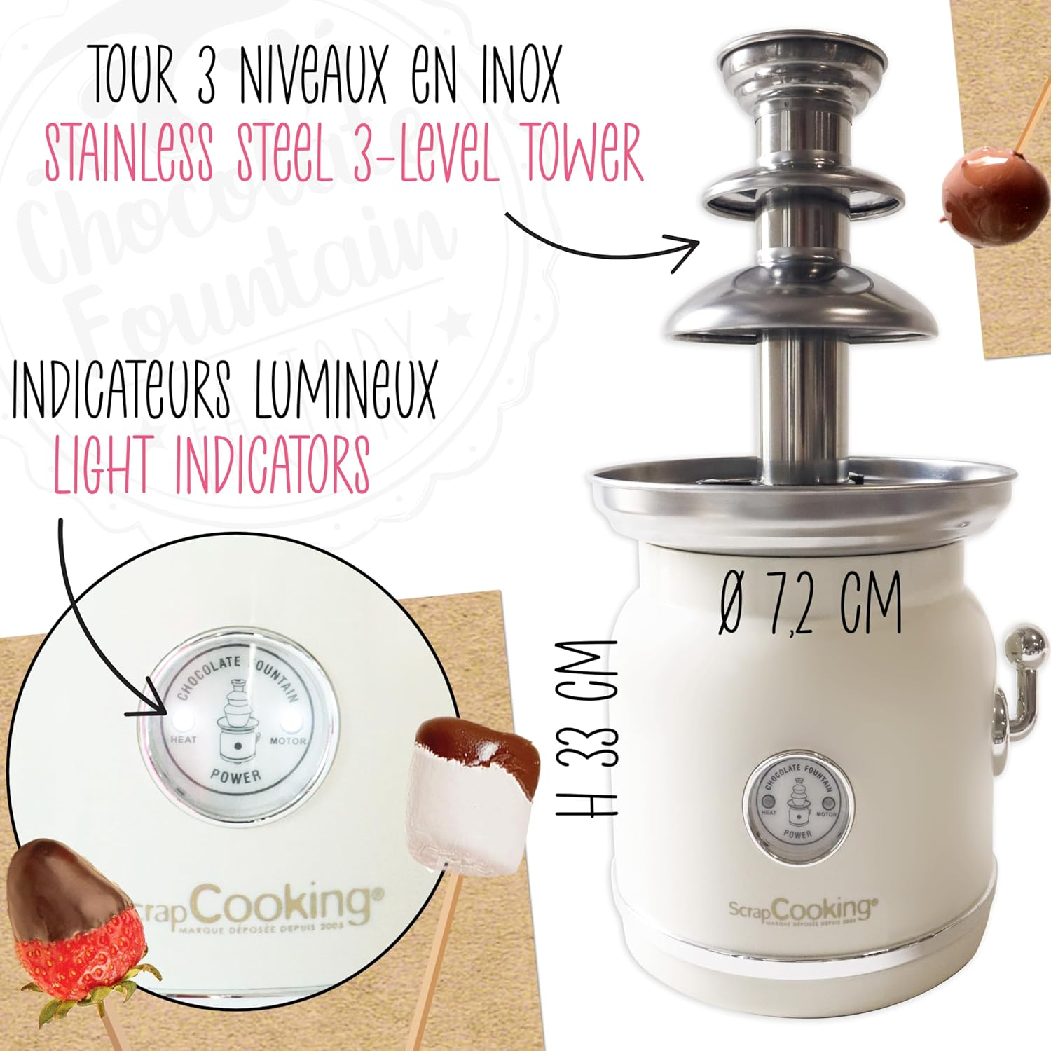 Scrapcooking - 3897 Chocolate Fountain - Stainless Steel 3 Tier Tower & Keep Warm - Vintage Design - Electric Chocolate Fondue Machine - Gift Idea for Pastry Kitchen - 3897 image number 5