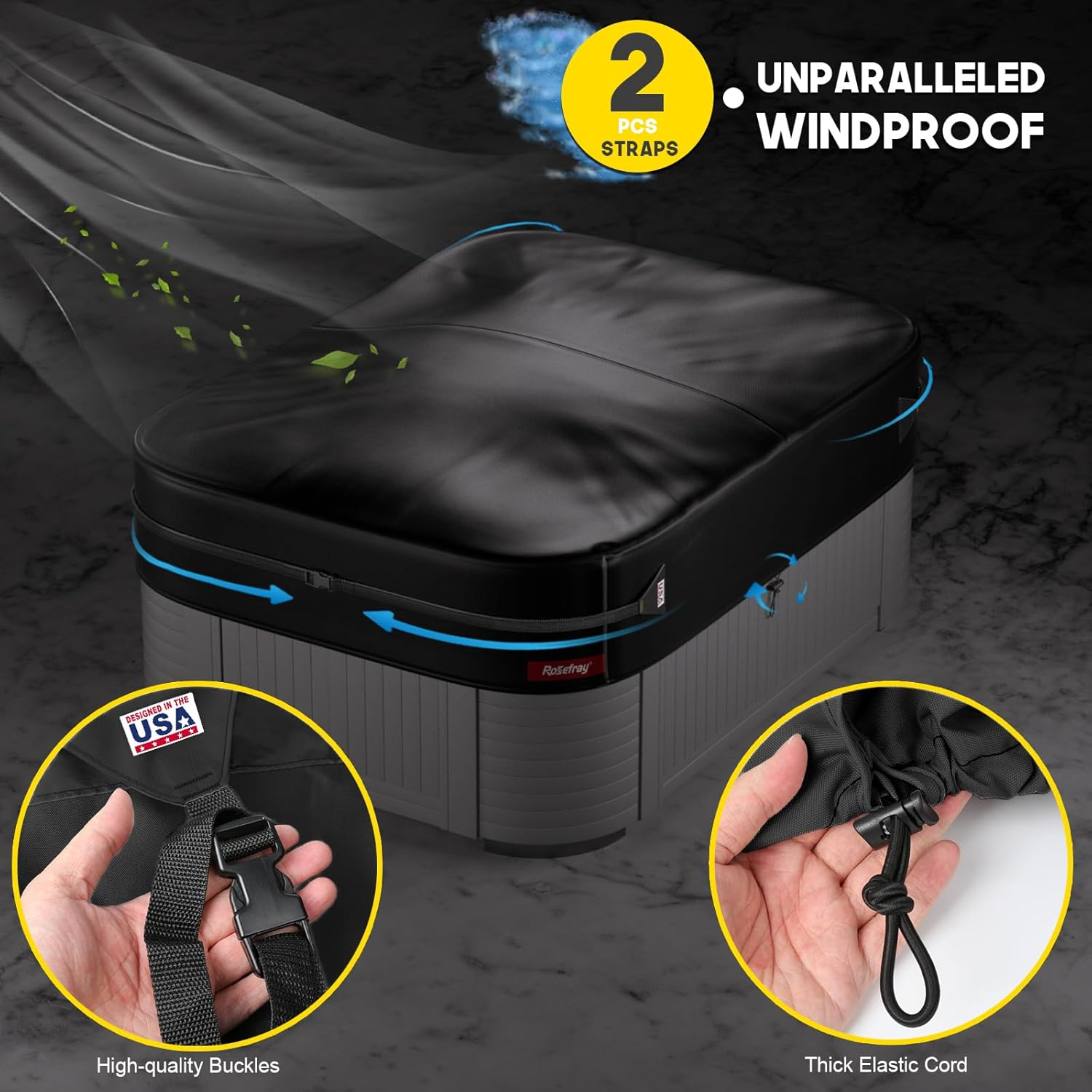 Rosefray 76"X 76" Waterproof Square Hot Tub Cover - 420D Heavy Duty Outdoor SPA Covers Windproof Black image number 2