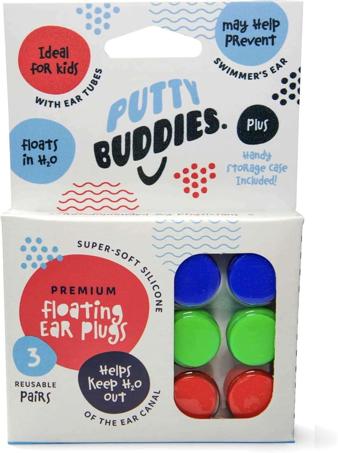 Earvolution Floating Putty Buddies Ear Plugs for Swimming - Invented by an Ear Physician - Moldable, Premium, Silicone - Floats on Water - Waterproof - Made in the USA - 3 Pack - Blue/Red/Green