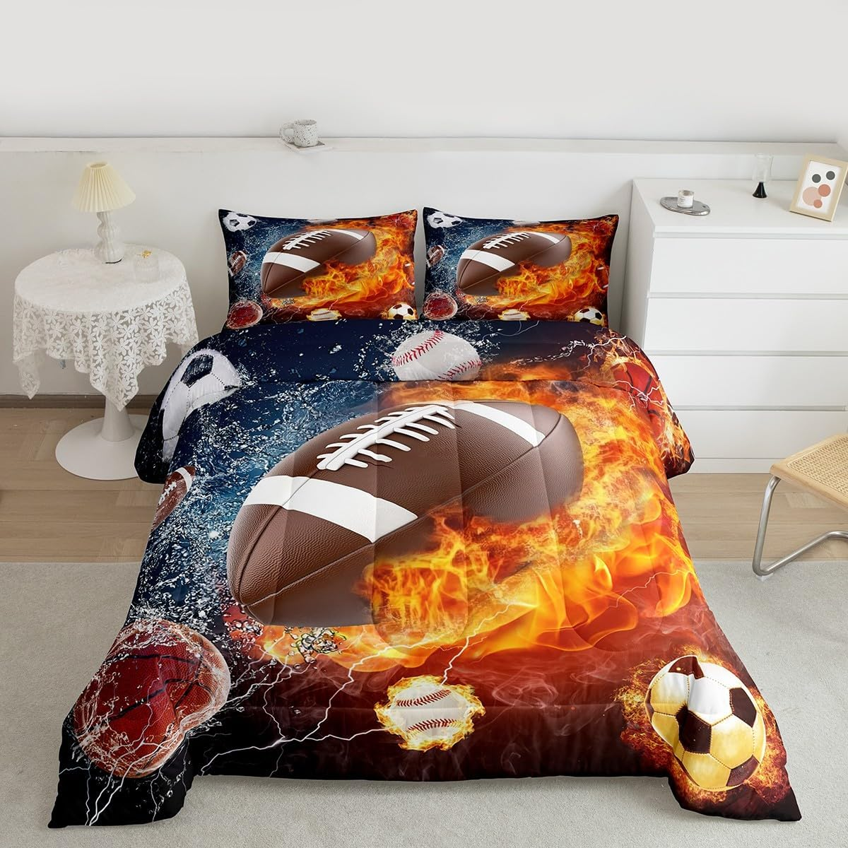 Erosebridal Football Comforter Set Queen Rugby Sports Bedding for Teen Boys Kids,Soccer Basketball Baseball Red Blue Water Fire Lightning Quilt Duvet Insert Bedroom Decor 2 Pillow Cases Cmhs457 image number 6