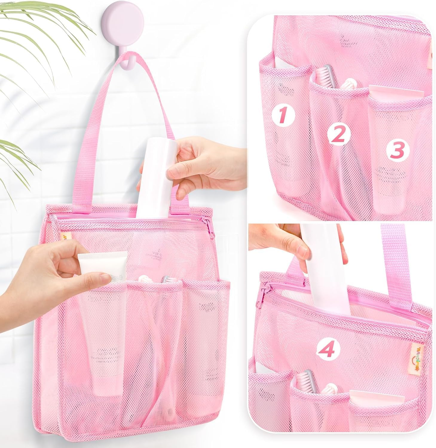 Travel Hanging Toiletry Bath Organizer Caddy with Zipper, 1Pc College Dorm Room Net Essentials Bag with 4 Pockets, Shower Caddy Quick Dry Mesh Tote Bag for Gym, Travel, Pink image number 2