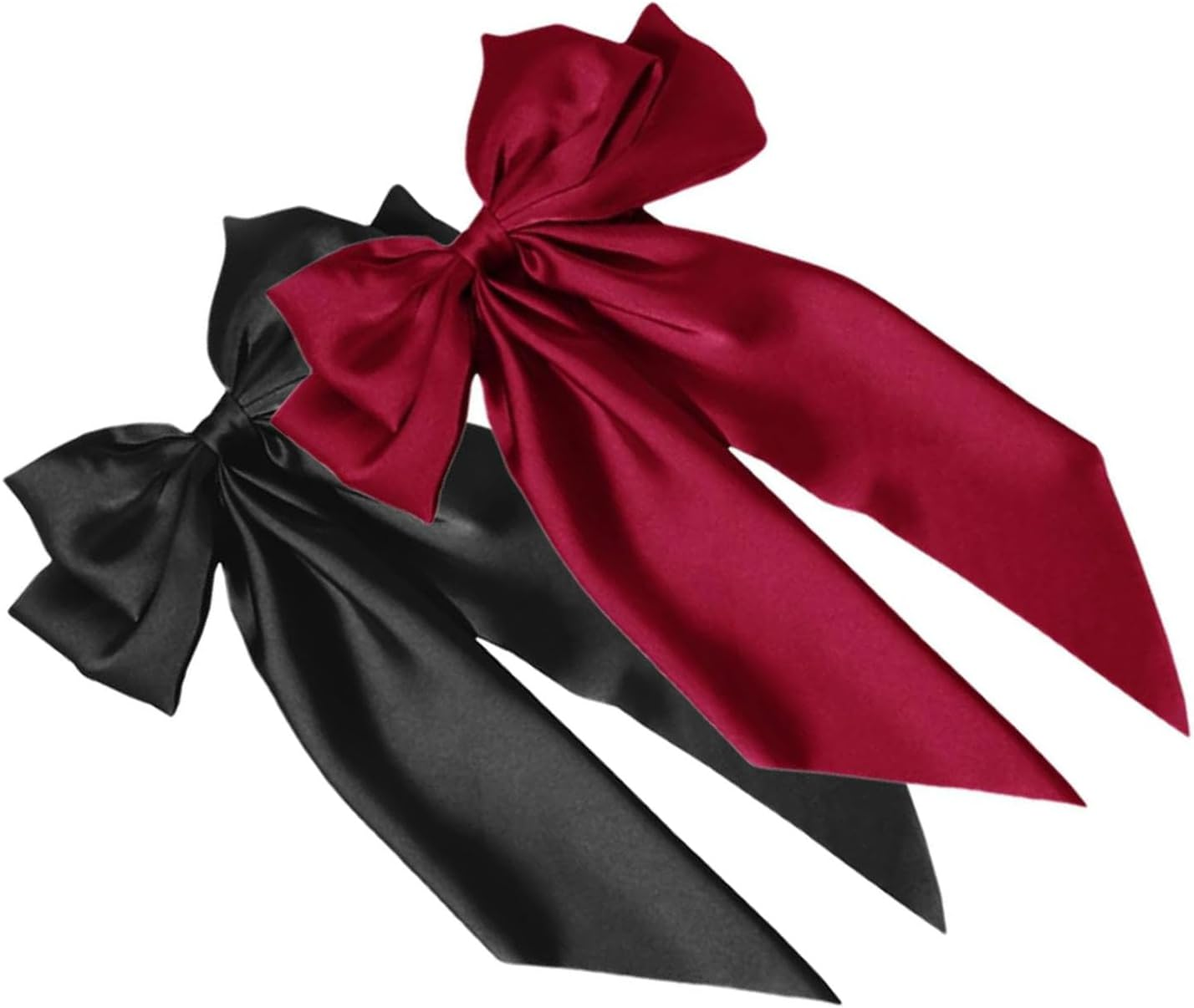2Pcs Bows Long Ribbon Hair Clips for Women and Girls, Elegant Barrettes with Black and Wine Red Ribbons, All-Day Hold Hair Accessories for Daily Wear
