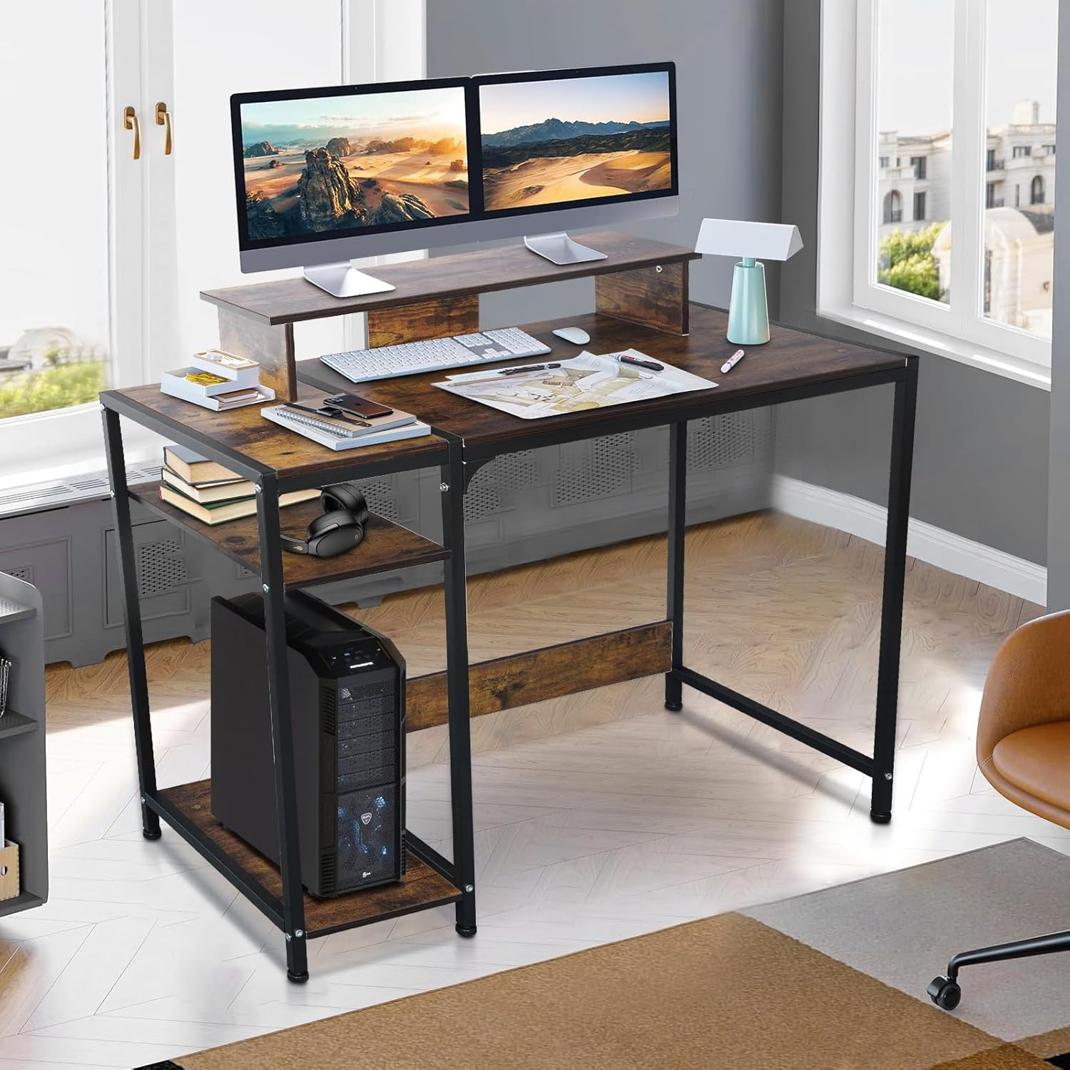 Computer Desk with Reversible Storage Shelves, Home Office Desk with Monitor Stand, Modern Simple Writing Table for Work Study Writing,100 * 45 * 76Cm image number 3