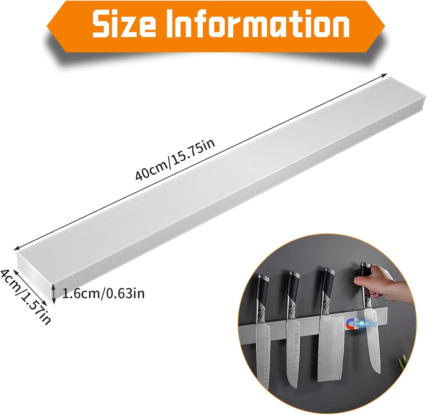 Magnetic Knife Holder for Wall 40Cm(16 Inch), Secure Easy Access Storage Stainless Steel Knives Rack, Strong Self Adhesive 3M Tape Strip Perfect for Kitchen or Garage Utensils Tools image number 4