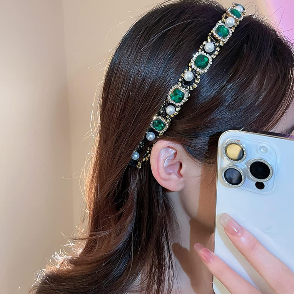 Wiwpar Rhinestone Crystal Headband for Women Girls Sparkly Pearl Beaded Hair Hoops Party Headwear Vintage Style Bling Accessories for Women Girls Christmas Gift (Green)