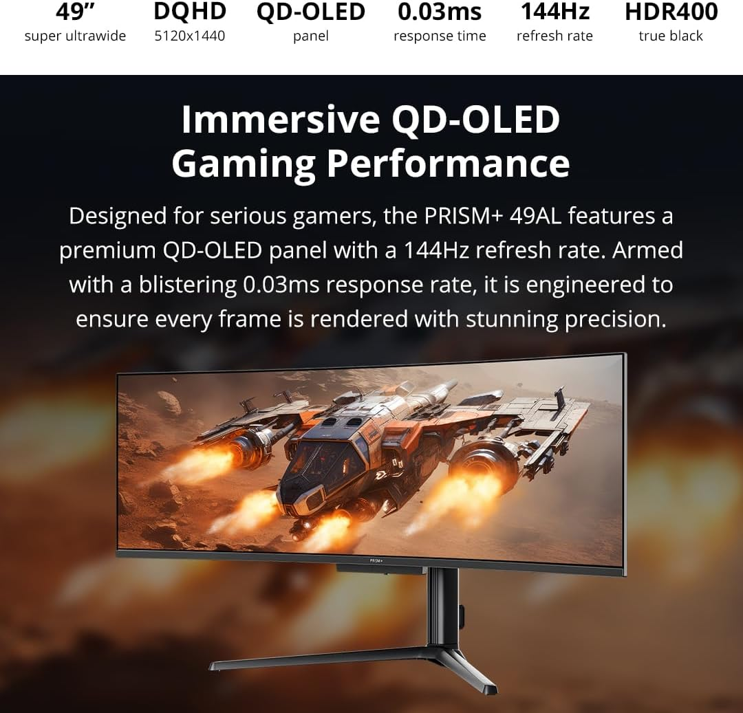 PRISM+ 49AL 49" Curved QD-OLED Super Ultrawide Gaming Monitor, 32:9 DQHD (5120X1440), 144Hz, 0.03Ms, AMD Freesync Premium, In-Built 2.1Ch Speakers, Ergonomic Stand, 3 Yrs Warranty image number 6