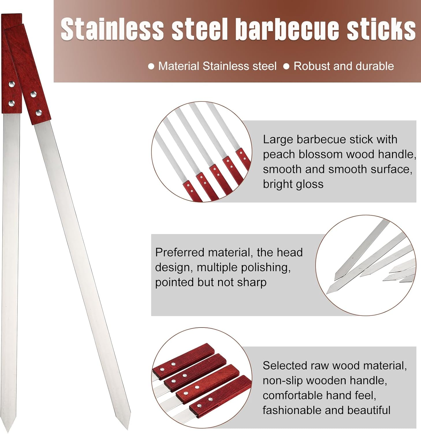 10 Pcs Heavy Duty Kabob Skewers 1 Inch Wide 2 Mm Thin Kabob BBQ Stainless Steel Metal Skewers for Grilling with Wooden Handles, Silver(60Cm Long) image number 1