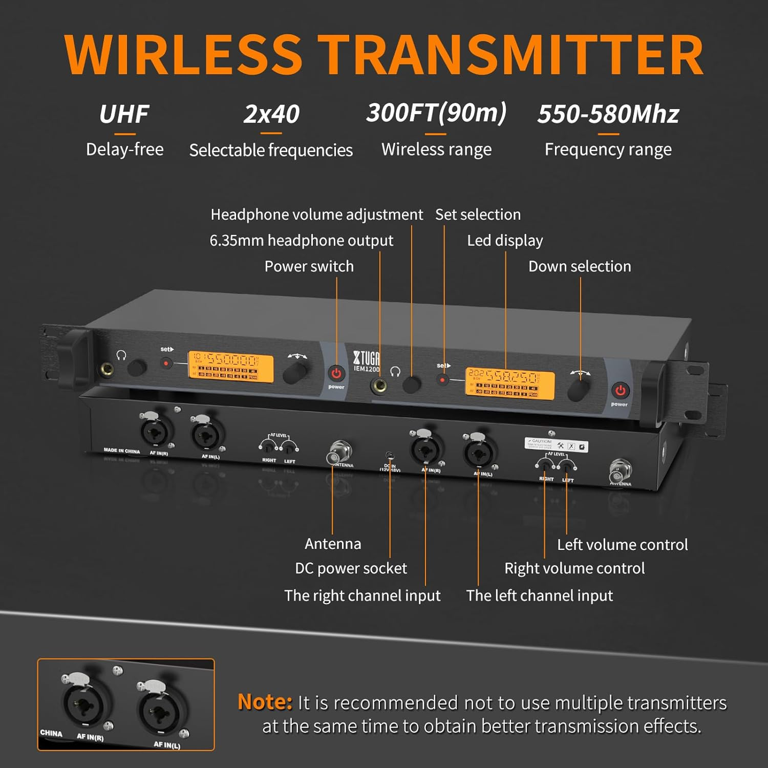 XTUGA IEM1200 UHF Mono Wireless in Ear Monitor System 2 Channel 5 Bodypacks Monitoring with in Earphone, 40 Frequencies, Rack Mountable, up to 300Ft Operation, Suitable for Church and Band image number 2