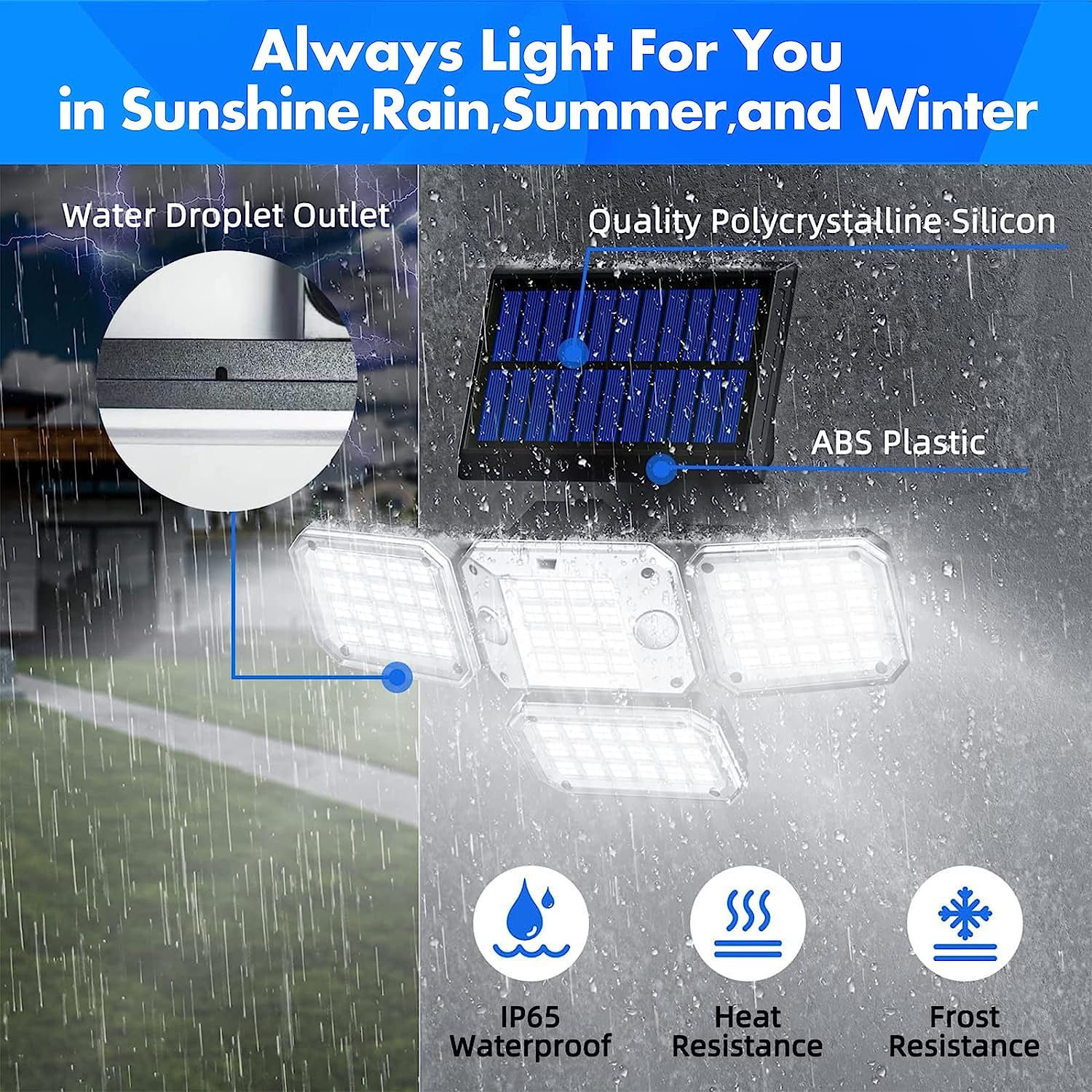 Solar Outdoor Lights with 2 Sensors, 296 Leds 300&deg; Wide Angle Solar Spot Lights with 5M Extension Cable, 4 Adjustable Head, 3 Modes IP65 Waterproof Outdoor Lights Detachable Flood Lights image number 2
