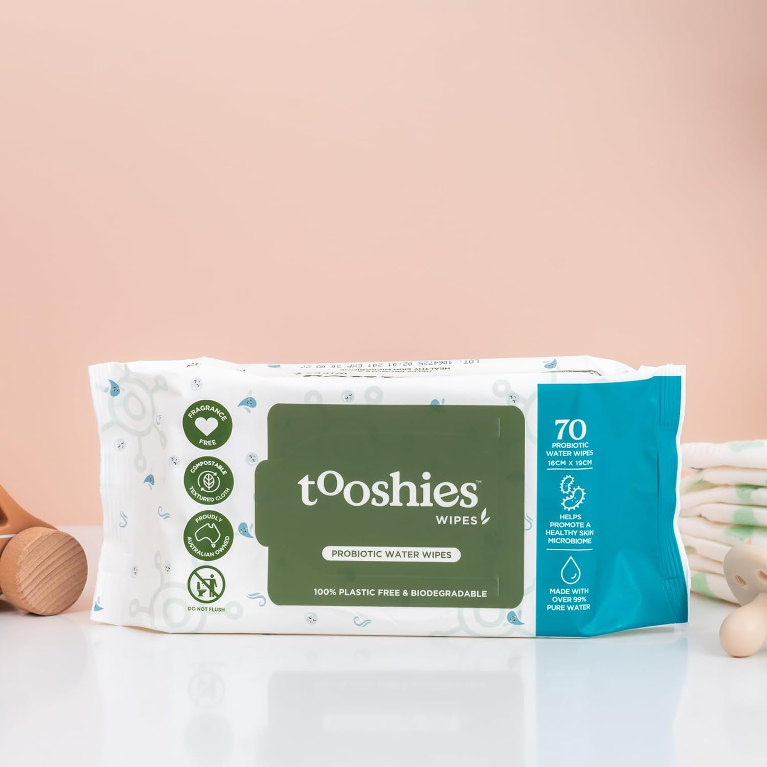 Tooshies Wipes | Probiotic Water Wipes | 100% Plastic Free | Biodegradable | Fragrance Free | 16 X 70Pk (1120 Wipes) image number 3