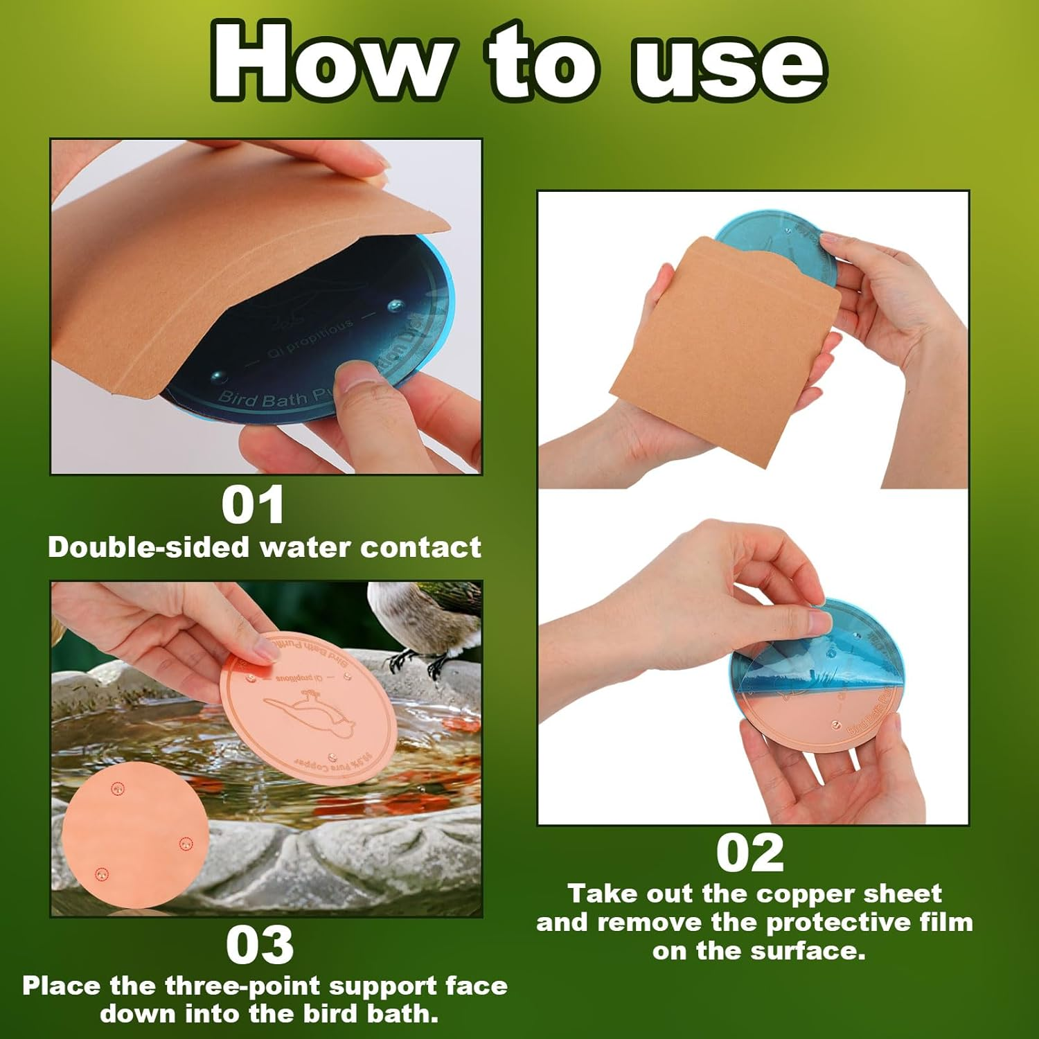 BOXOB Bird Bath Copper Disk, 4In Bird Bath Purification Disc with Triple-Point Support All-Season Safe Water Purifier for Outdoor Birdbaths & Bowls image number 6