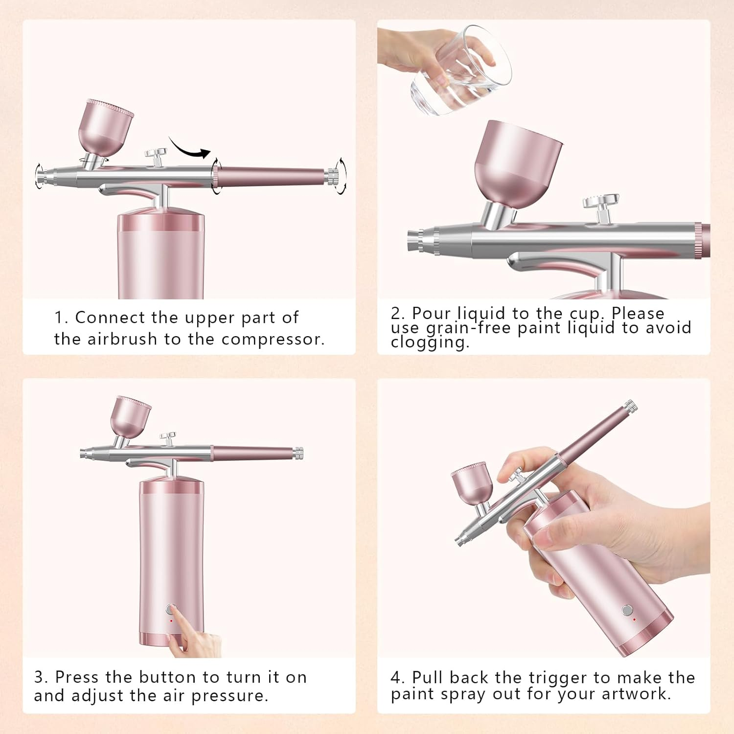 Airbrush Kit with Compressor 48PSI Rechargeable High Pressure Air Brush Set Cordless Airbrush Kit with 0.3Mm Nozzle for Painting,Nail Art, Cake Decor,Makeup,Modeling (Pink) - Black image number 3