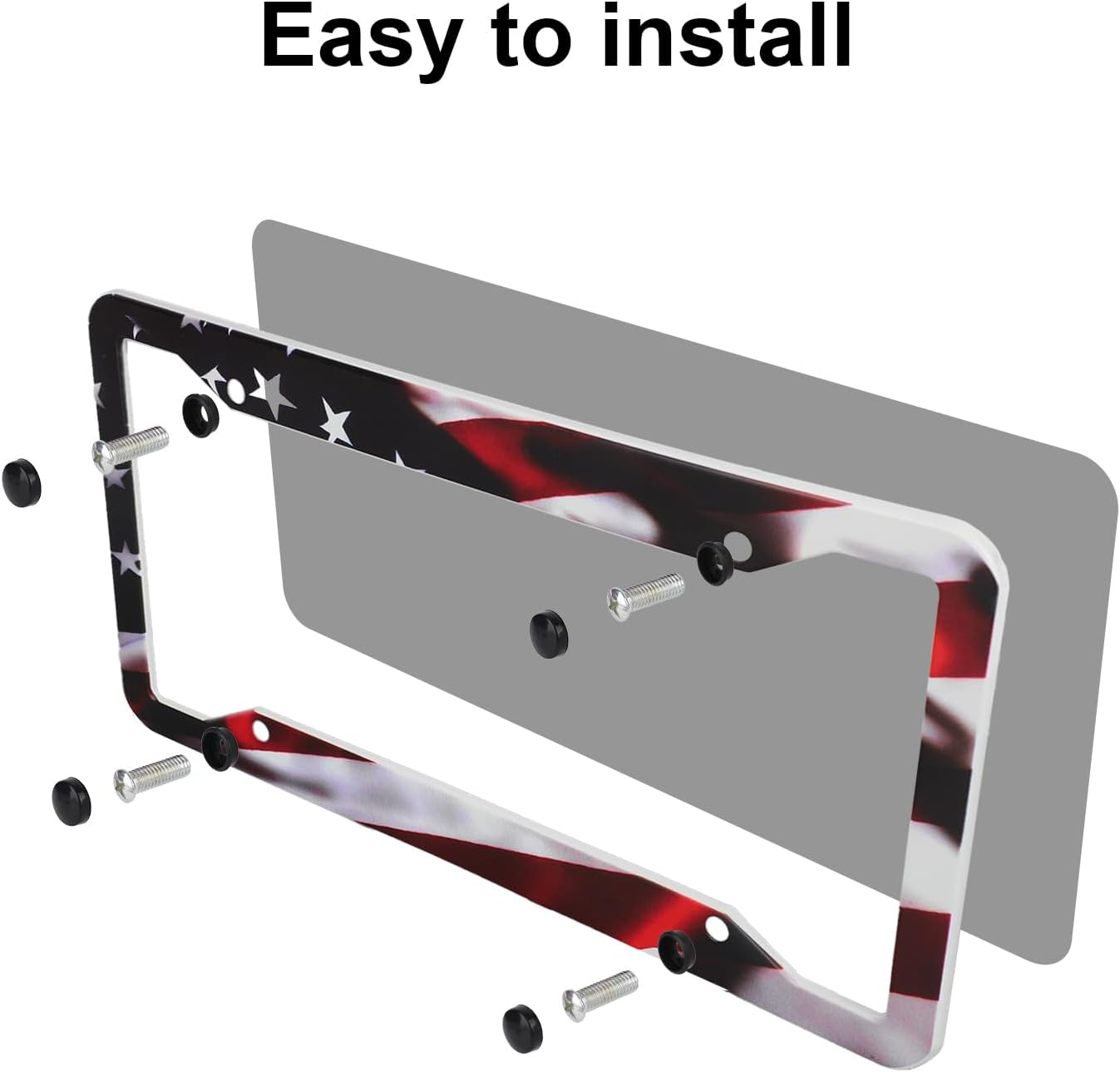 2Pcs Universal American Flag Car Plate Frame, Matte Stripe Design Aluminum Alloy Car Tag Holder with 4-Hole Mounting Includes Screws Caps & Nuts for Men Women image number 4