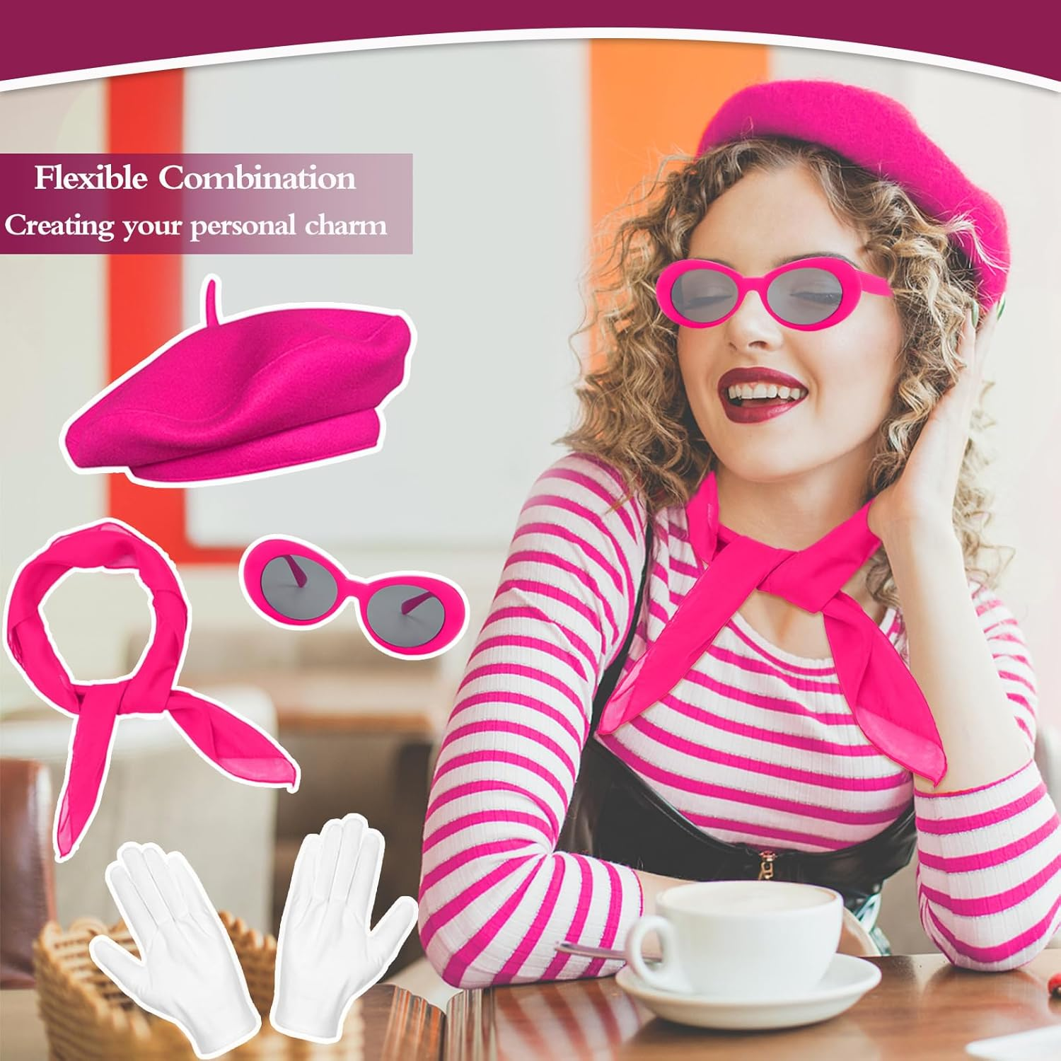 French Women Fancy Dress Costume Accessories Set French Artist Mime Kit with Red Beret Scarf Sunglasses Gloves for Women Girls Cosplay Party Supplies School Dress up Day