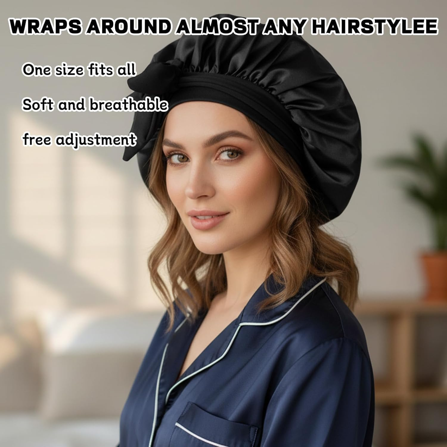 Jazrvr Silk Bonnet for Sleeping, Silk Sleep Cap, Set of 6 Including 3 Black Silk Bonnets and 3 Hair Bobbles 36 Cm, Hair Protection for the Night image number 2
