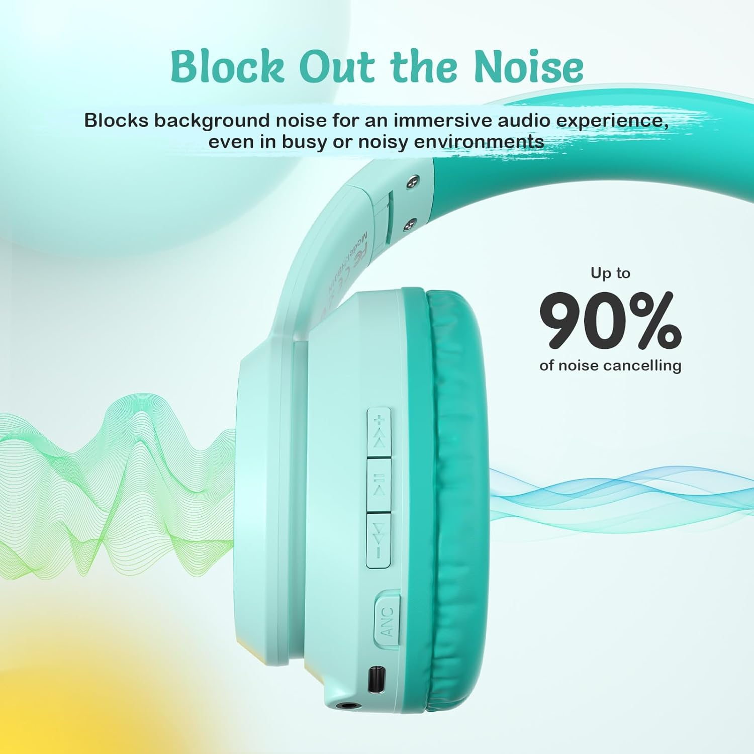 Active Noise Cancelling Headphones for Kids, 60H Playtime, Wireless Bluetooth Over-Ear Blue Headset Built-In Microphone for Home/School/Travel/Party - Includes Portable Case (Green) - Blue image number 5