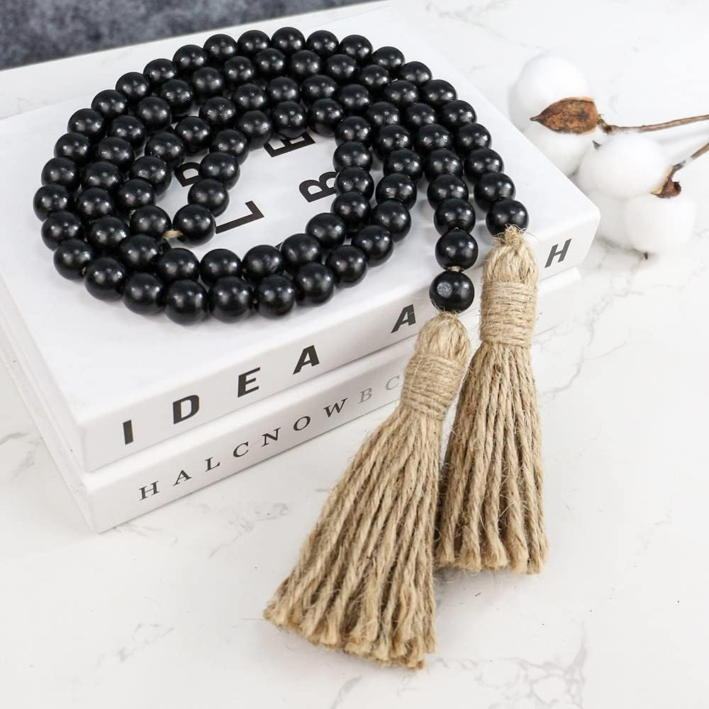 58In Farmhouse Beads Wood Bead Garland with Tassels, Rustic Farmhouse Decor for Farmhouse Tiered Tray Farmhouse Wall Decor (Black) image number 2