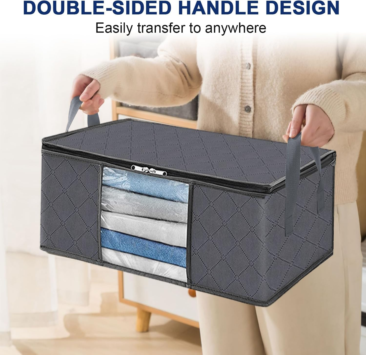 LAMCAN 6 Pack Linen Storage, 35L Storage Bags, Foldable with Reinforced Handle. Wardrobe Clothes Organiser, with Transparent Window, for Organizing Bedrooms, Closets, Clothing, Quilts, Organization image number 6