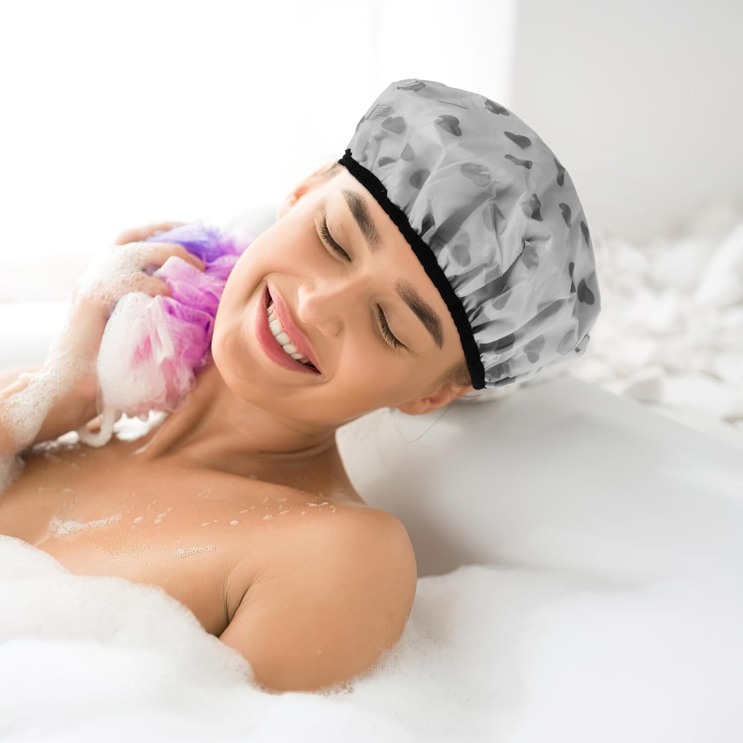 TEMPNAP 2Pcs Reusable Double Tin Foil Hair Cap for Deep Conditioning and Oil Treatment Anti-Static Shower Hat for Long Hair Elastic Stylish Design for Home and Salon Use Gray Heart