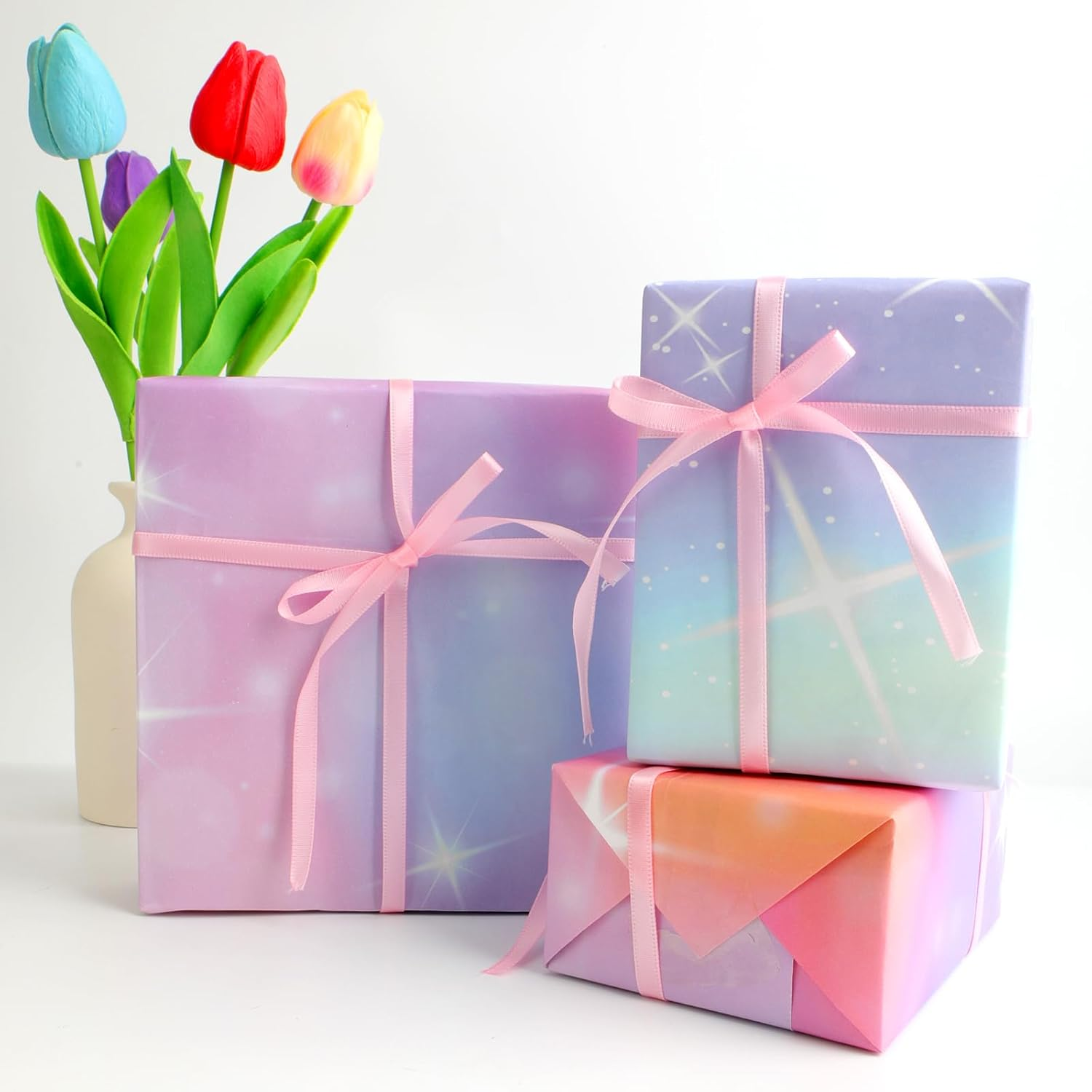 ZCOINS 4 Sheets Gift Wrapping Paper 70 X 50CM for Girls Women Birthday, Aurora Rainbow Purple Pink Gift Wrapping Paper with Ribbon for Mothers Day, Valentines Day, Wedding, Christmas - Cat image number 5