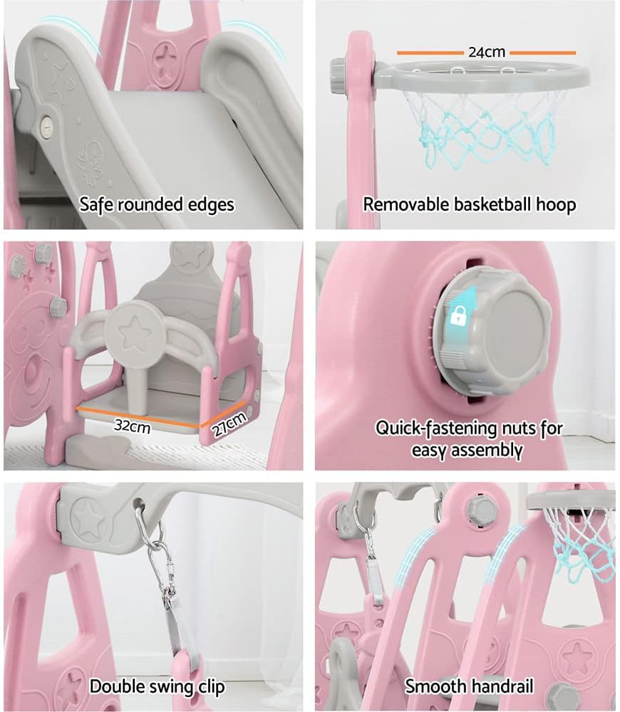 Keezi Kids Slide Swing Set with Basketball Hoop, 3 in 1 Climbing Frame Cubby House Toddler Fold up Cardboard Slides Playground Outdoor Indoor Activity Sports Center Gym, Ball Pump Pink - Blue image number 6