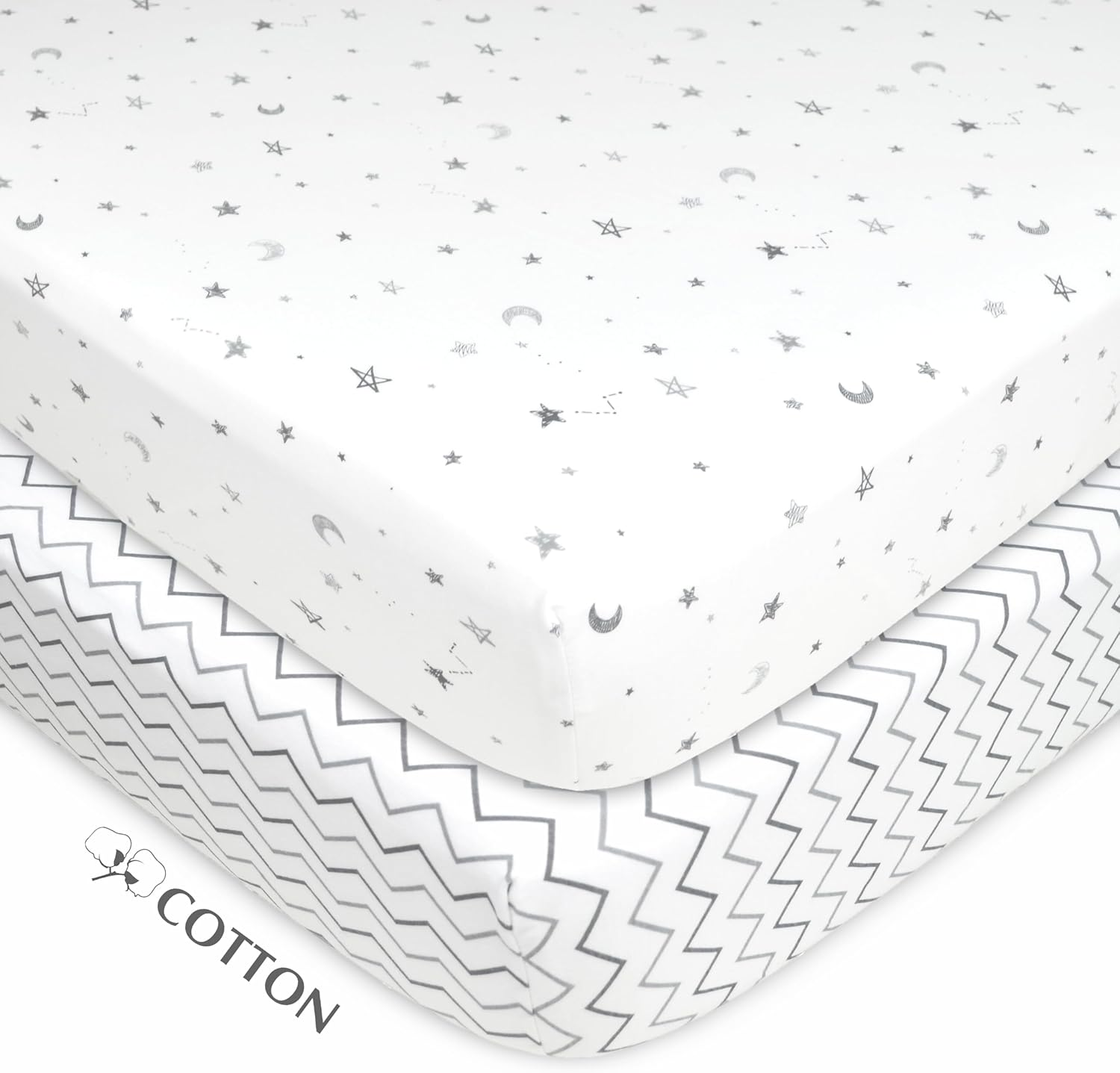 American Baby Company 2 Pack Printed 100% Cotton Jersey Knit Fitted Crib Sheet for Standard Crib and Toddler Mattresses, Gray Star/Gray Zigzag, for Boys and Girls image number 6