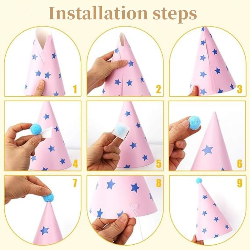 12 Pcs Party Hats Birthday Cone Hats DIY Party Hat with Pom Poms,Lovely Birthday Cake Cone Paper Hats Headbands Decoration DIY Activity Kit image number 3
