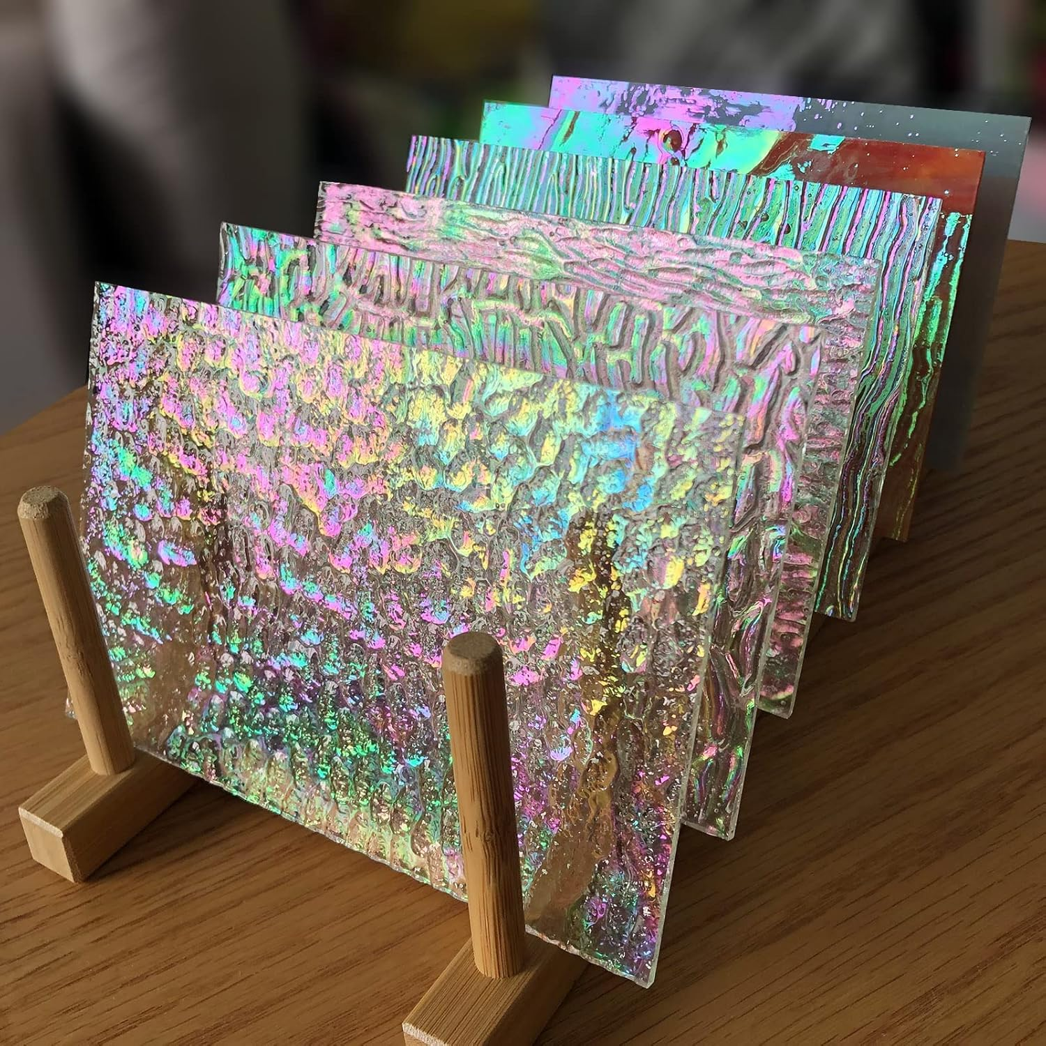 LITMIND 12 Sheets Iridescent Glass Stained Glass Sheets, 4X6 Inch Glass Mosaic Tiles for Crafts, Cathedral Art Glass Pack, Assorted Colors (Iridized Opaque & Translucent Textures) image number 1