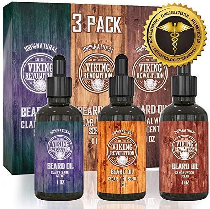 Viking Revolution - Beard Oil Conditioner 3 Pack - All Natural Variety Sandalwood, Pine & Cedar, Clary Sage - Conditioning and Moisturizing - Stocking Stuffers for Him - 3 X 30 Ml image number 1