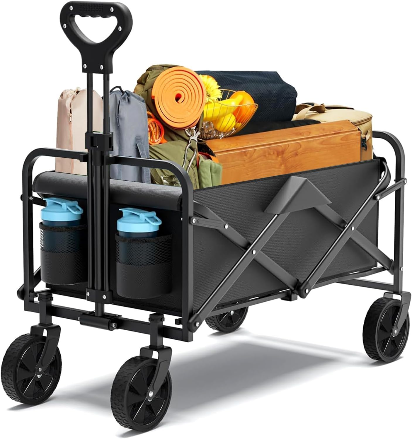 Fohouse Collapsible Folding Wagon, Portable Large Wagon Cart, Large Capacity Heavy Duty Wagon Cart with Wheels, Utility Grocery Wagon with Side Pocket and Brakes for Camping Garden Sports