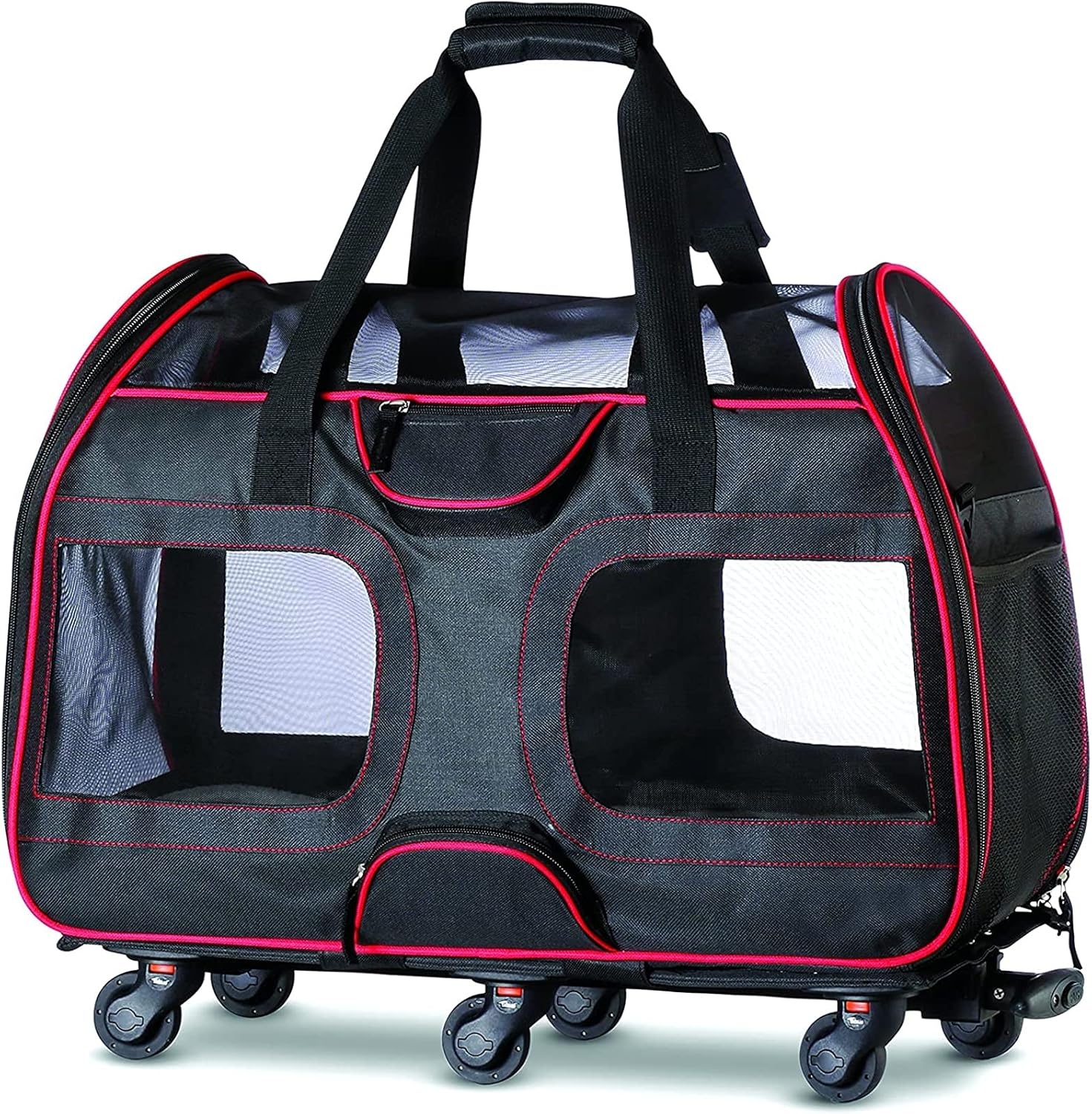 Pet Carrier with Removable Wheels,Small Dog and Cat Carrying Bag with Telescopic Walking Handle, Mesh Ventilation Windows and Safety Leash Hook image number 4